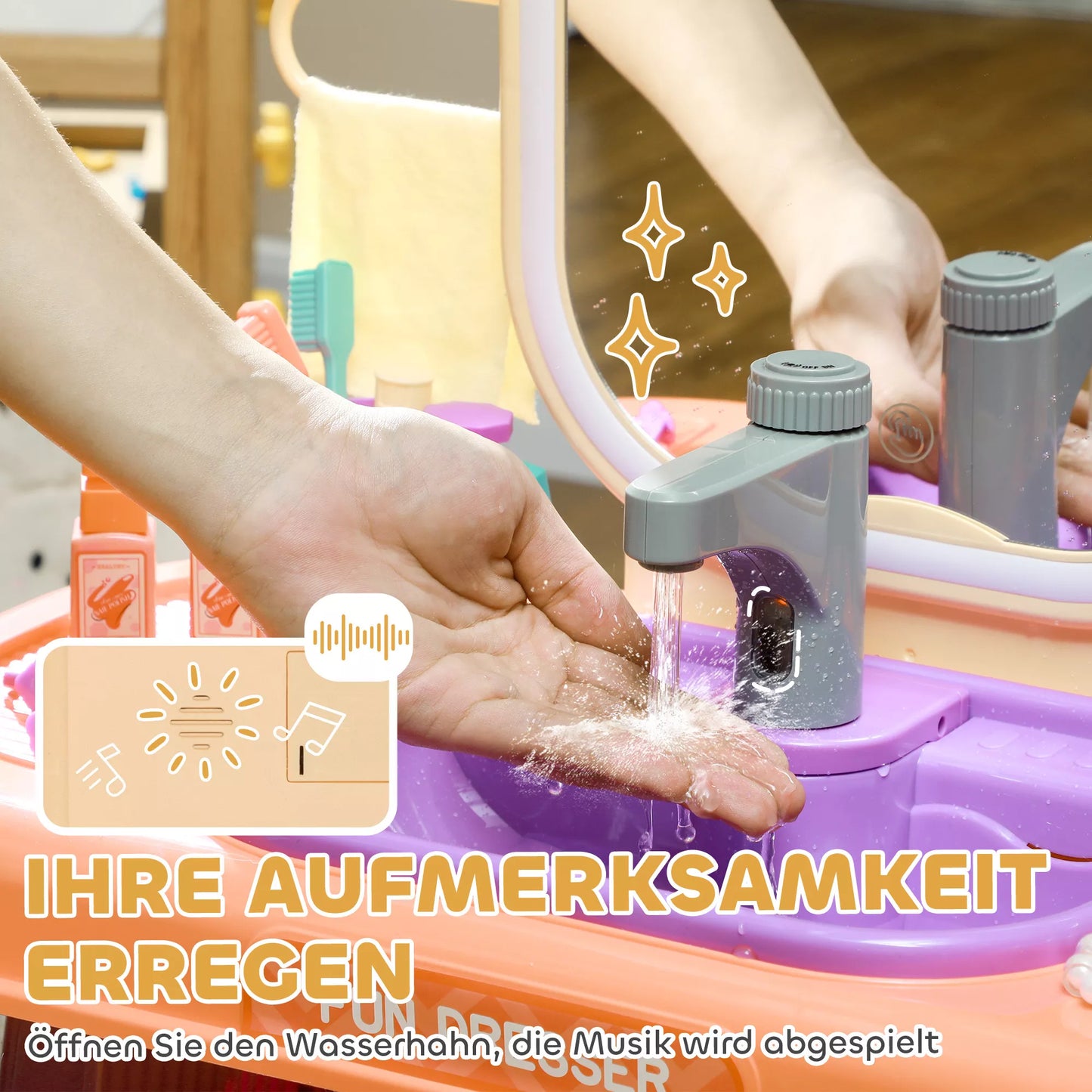 Vaikiškas tualetinis staliukas su LED veidrodžiu, muzika, čiaupu, akriliniu veidrodžiu, violetinės spalvos, 55x29x71 cm