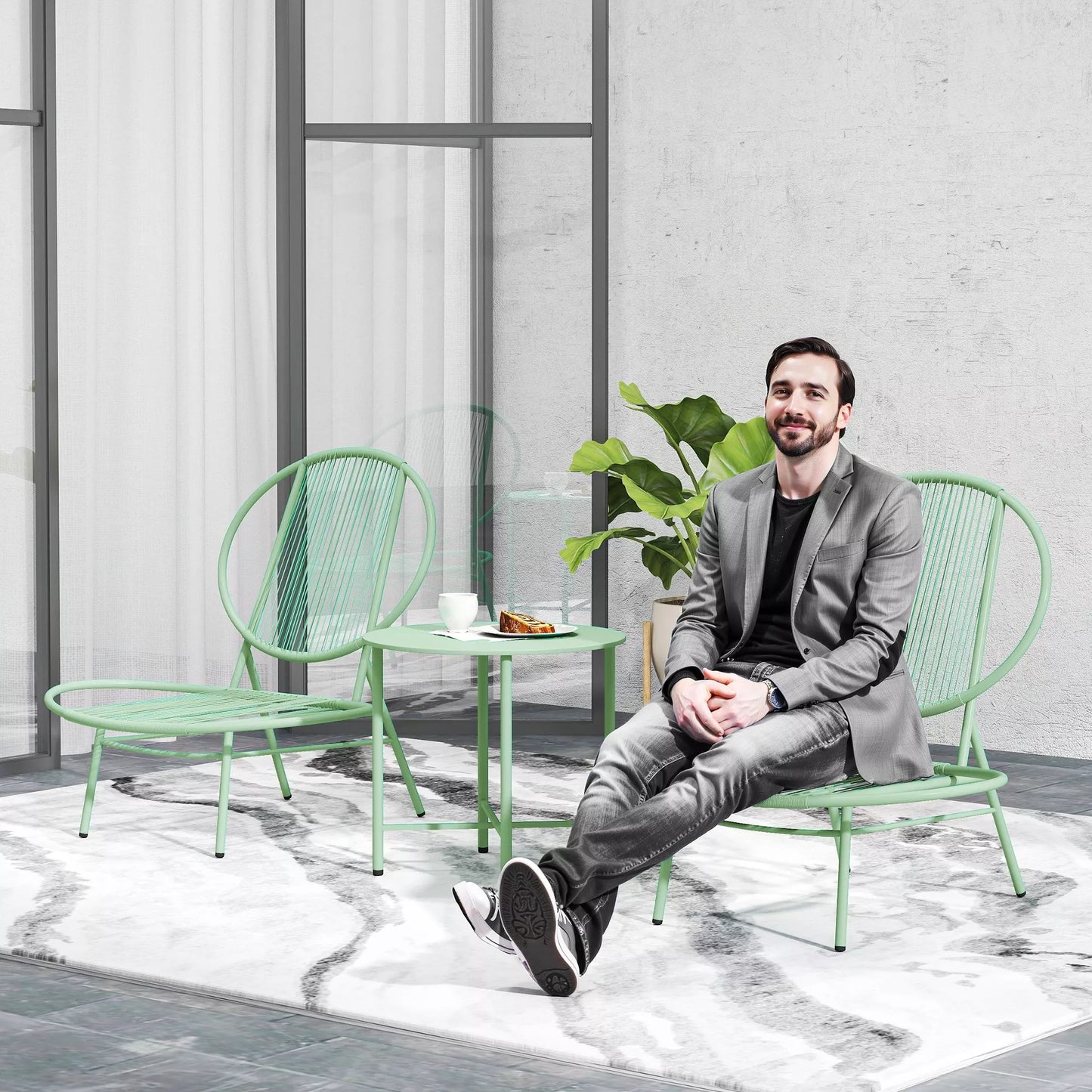 3 dalių bistro komplektas iš polirattaninio atsparaus atmosferos poveikiui sodo baldų komplektas su bistro stalu Kriauklės formos sodo kėdės Žalios