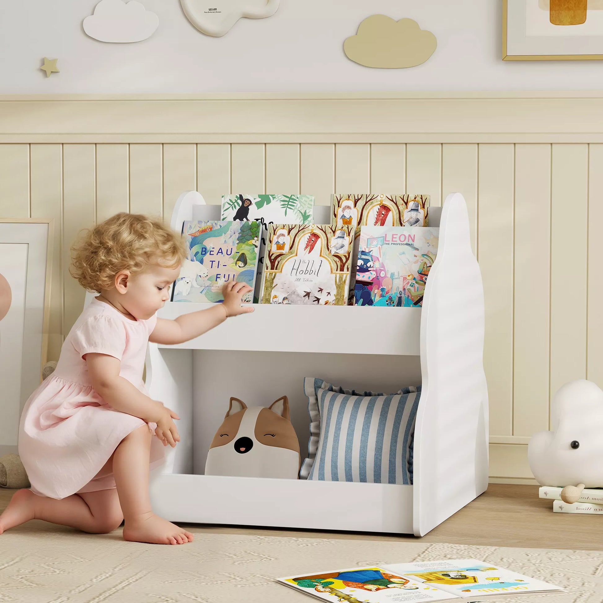 Vaikų lentynos, 2 aukštų vaikų knygų lentynos su ratukais, 4 lentynos, skirtos vaikų kambariui, žaidimų kambariui, 54x50x56 cm, baltos spalvos