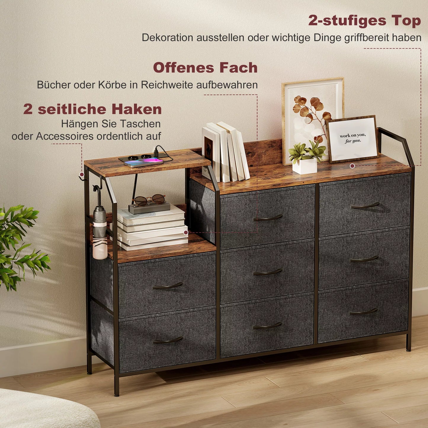 Komoda su 8 medžiaginiais stalčiais, su įkrovimo stotele, plienas, ruda/juoda