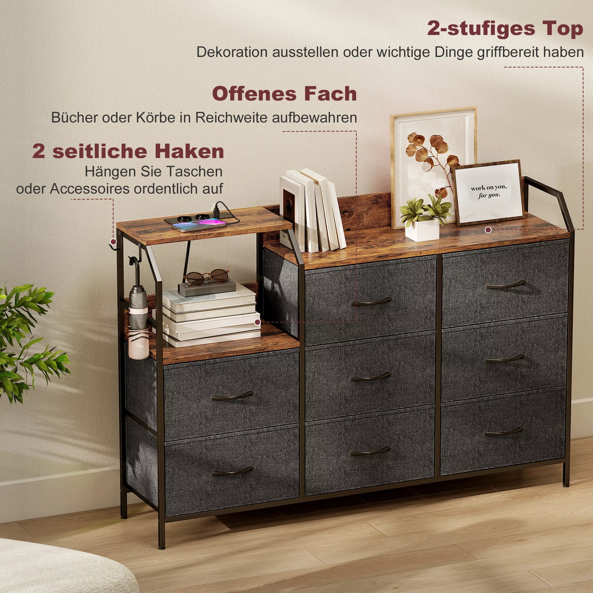 Komoda su 8 medžiaginiais stalčiais, su įkrovimo stotele, plienas, ruda/juoda