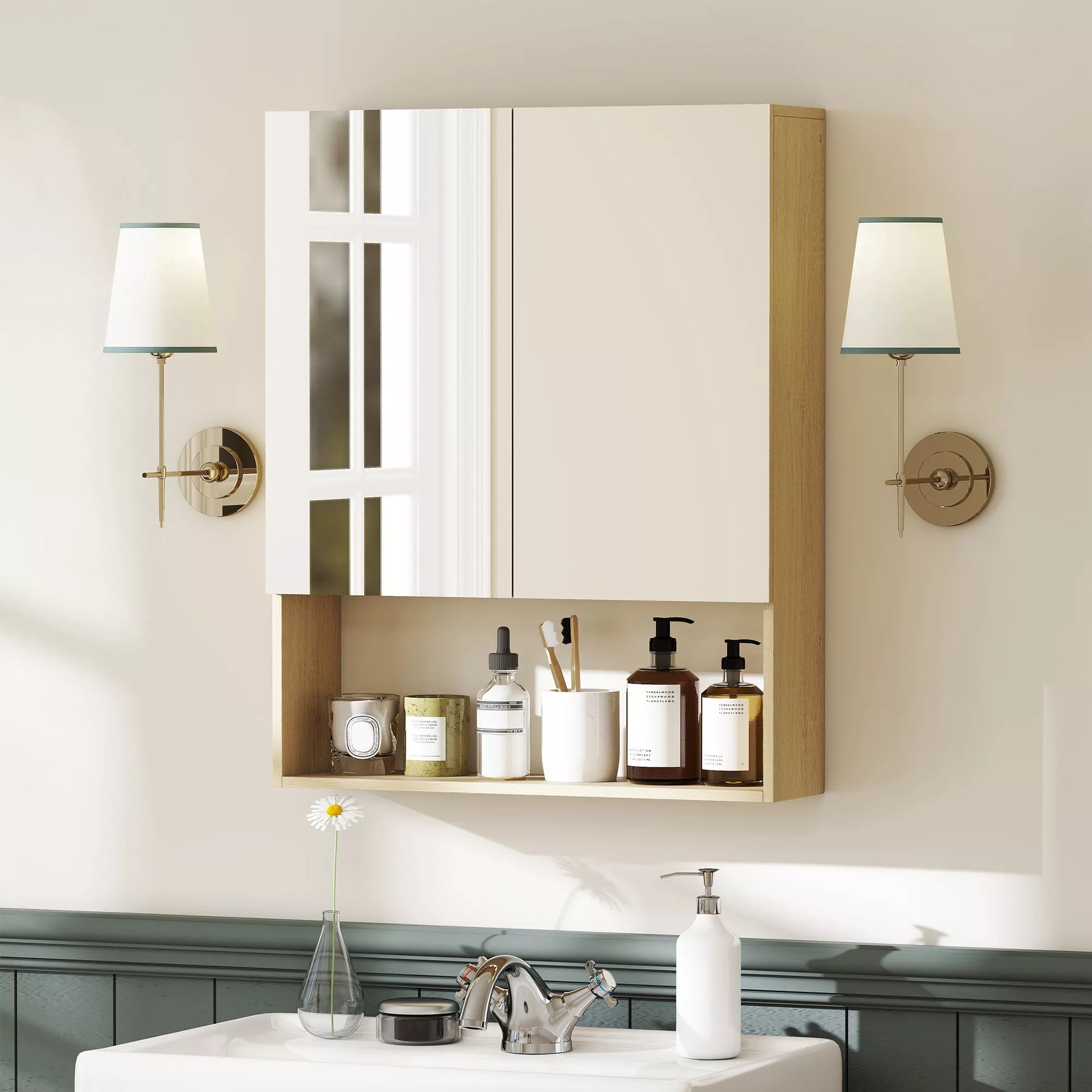 Vonios spintelė, veidrodinės durys, atvira lentyna, sieninis montavimas, MDF, medžio drožlių plokštė, ąžuolas