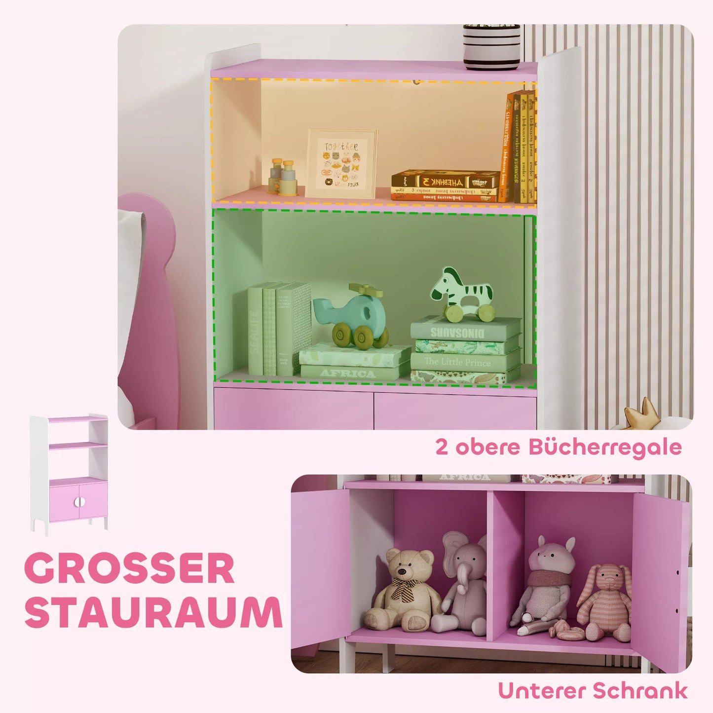 Vaikiška knygų lentyna, 2 lentynos, 2 spintelės, laisvai pastatoma, apsaugos nuo apvirtimo dizainas, neslystančios kojelės, MDF, Rožinė+Balta