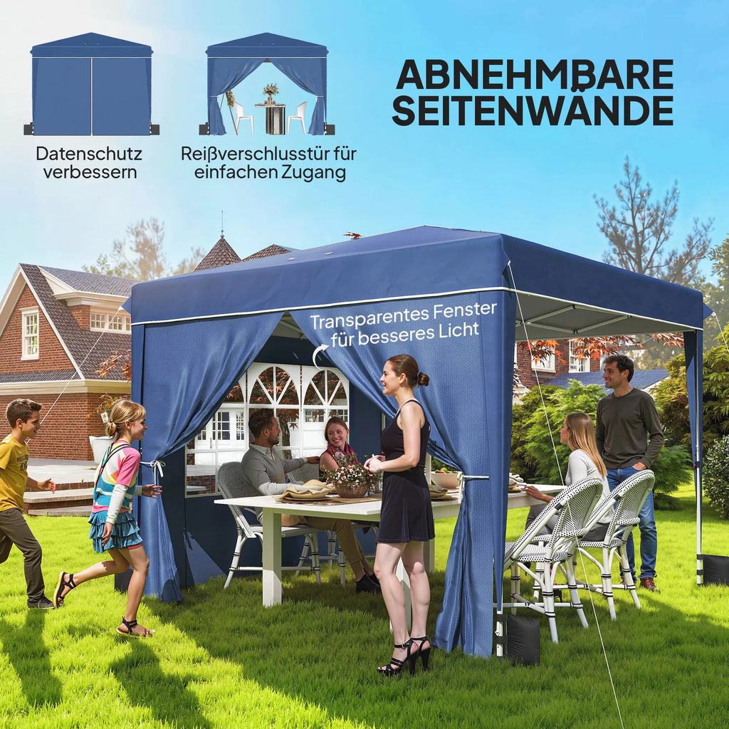Paviljonas 3 x 3 m, atsparus vandeniui, reguliuojamo aukščio, išskleidžiamas, su 2 šoniniais elementais, UV 50+, sulankstomas, tamsiai mėlynos spalvos