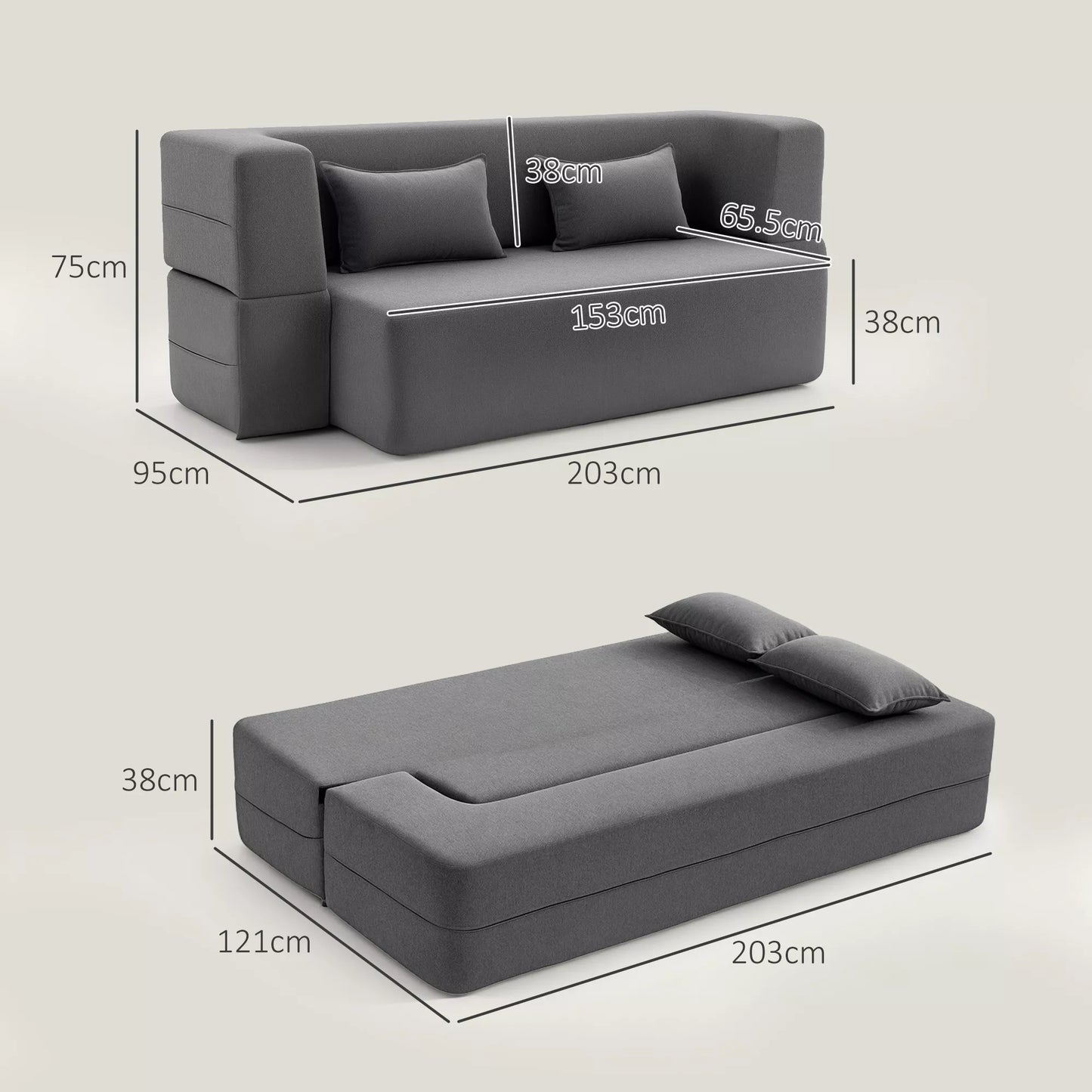2 vietų putplasčio sofa-lova, miegamoji sofa su plačiais porankiais, 2 pagalvėlės, 360 kg keliamoji galia, pilka