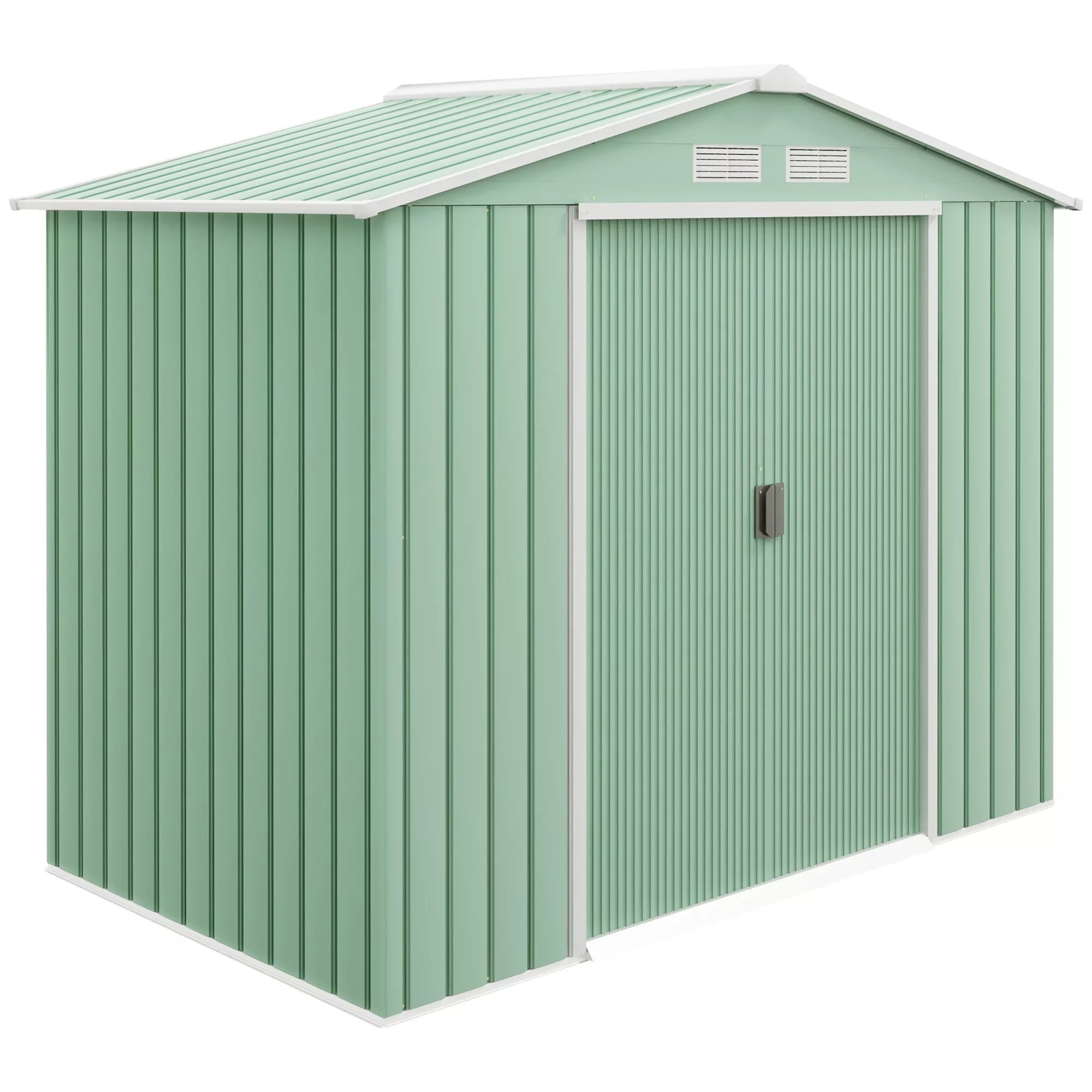 Sodo namelis, 2 stumdomos durys, vėdinimo langai, grindų rėmas, nerūdijantis plienas, šviesiai žalias, 2,13 x 1,30 x 1,85 m