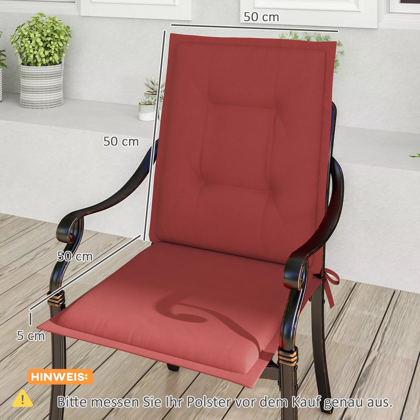 4 vnt. sėdimųjų pagalvėlių komplektas 108 x 50 x 5 cm, su raišteliais, skirta naudoti lauke ir viduje, vyno raudonumo