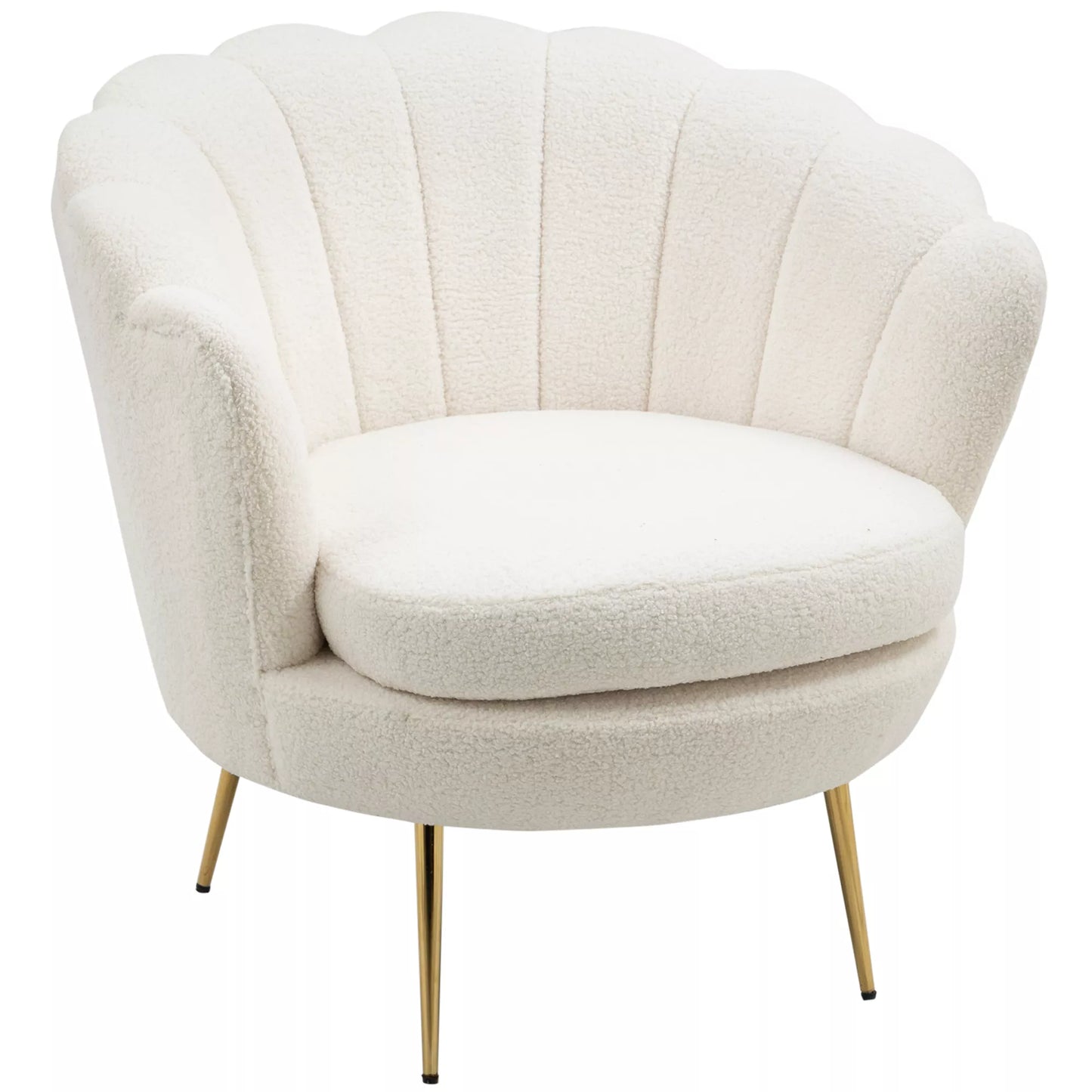 Minkštas fotelis kriauklių formos, poilsio fotelis, atsipalaidavimo fotelis, metalinės aukso spalvos kojelės, 79 ilgis x 77 plotis x 77 aukštis cm, Baltas