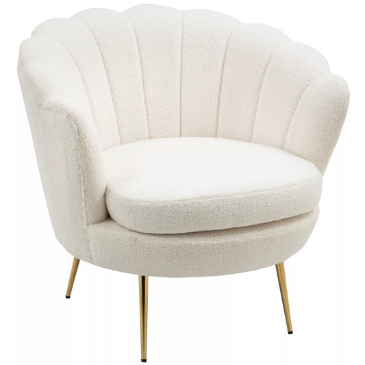 Minkštas fotelis kriauklių formos, poilsio fotelis, atsipalaidavimo fotelis, metalinės aukso spalvos kojelės, 79 ilgis x 77 plotis x 77 aukštis cm, Baltas