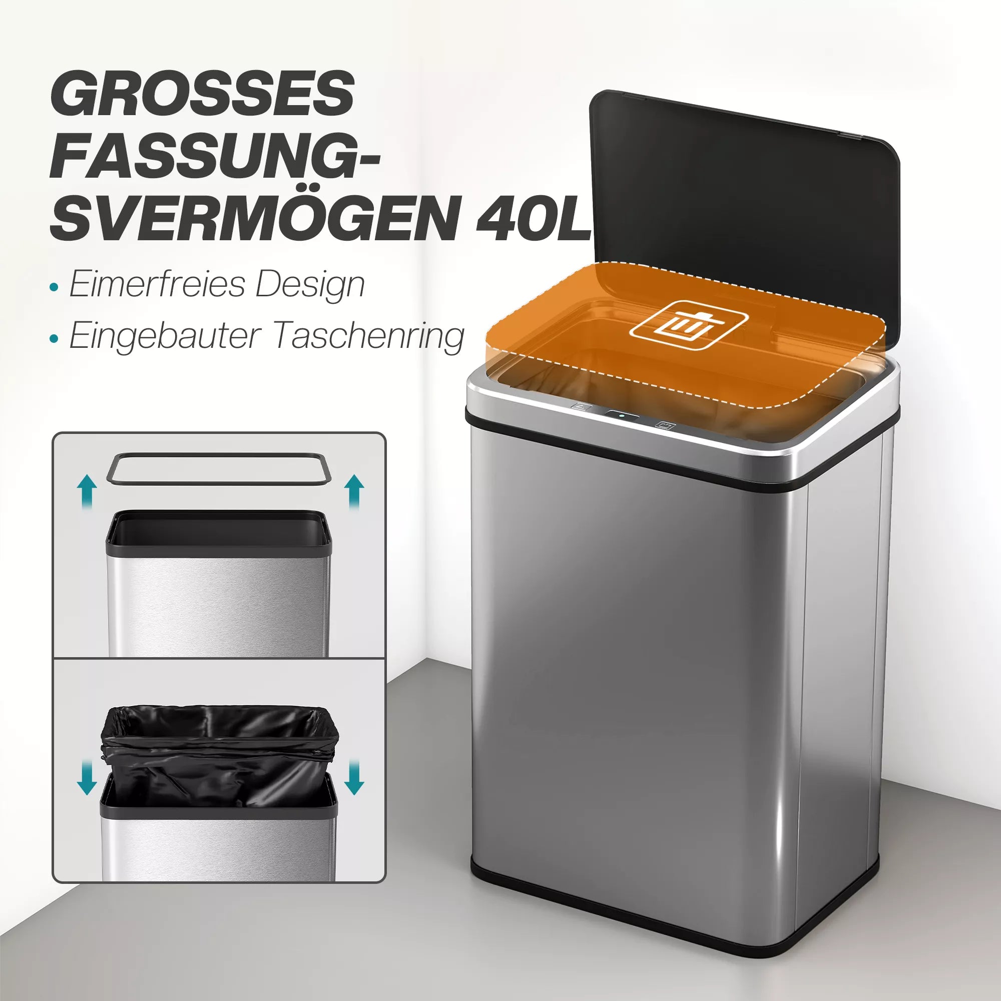 Jutiklinis šiukšlių konteineris 40 l Nerūdijančio plieno automatinis šiukšlių konteineris su minkštu uždarymo dangčiu Judesio jutiklis 35,5 x 26 x 55 cm Sidabrinis