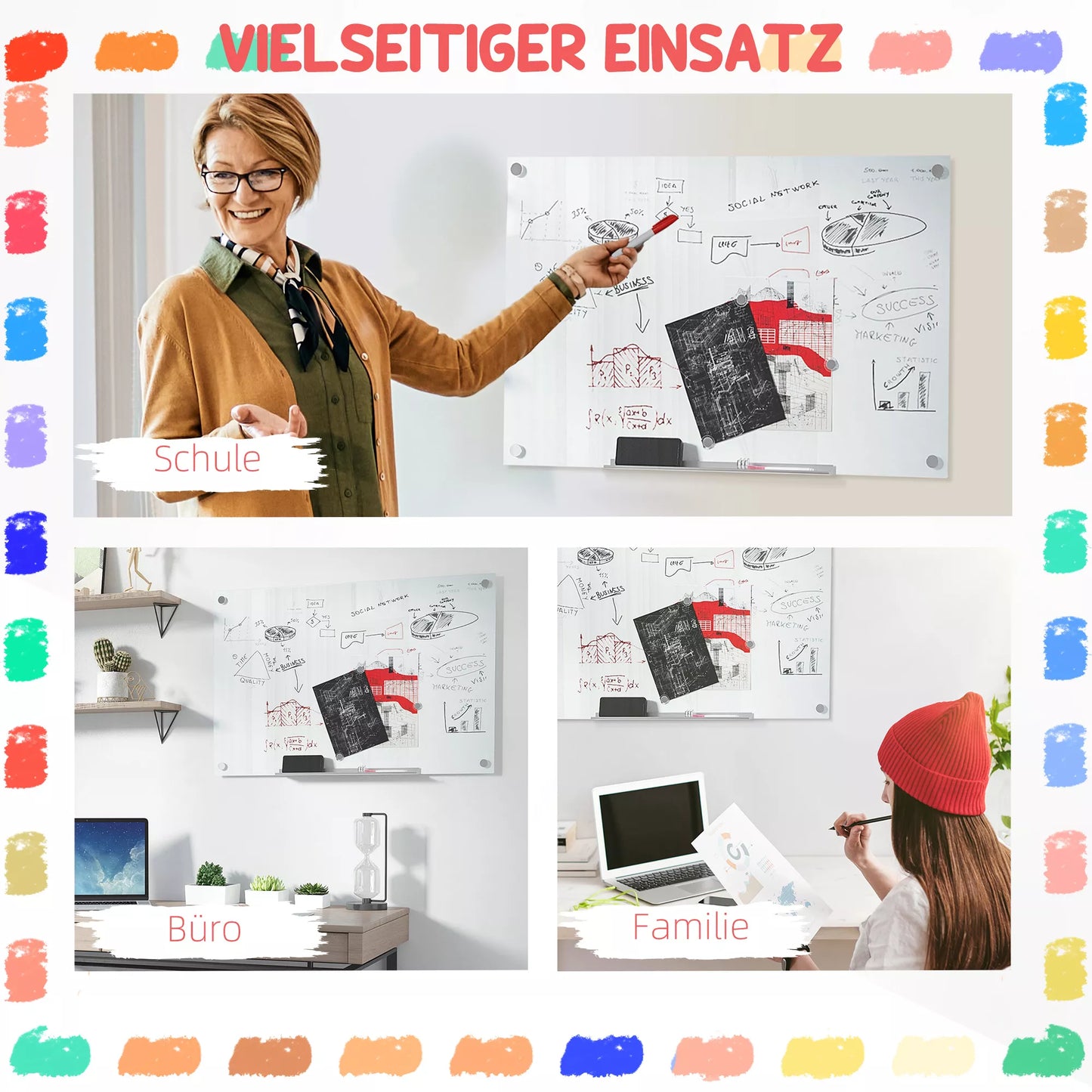 Glas rašymo lenta, memo lenta, 4 markeriai, 6 magnetukai, 1 kempinė, 1 padėklas, balta