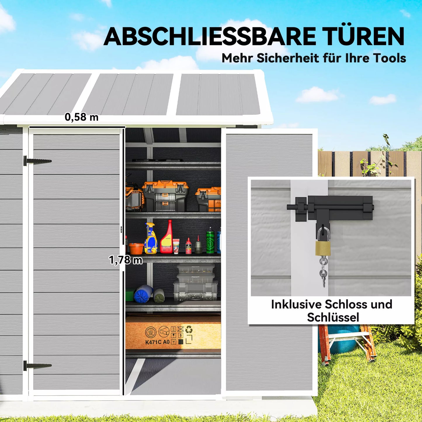 Sodo namelis, sandėliukas su langu, užrakinamos durys, plastikas, pilkas