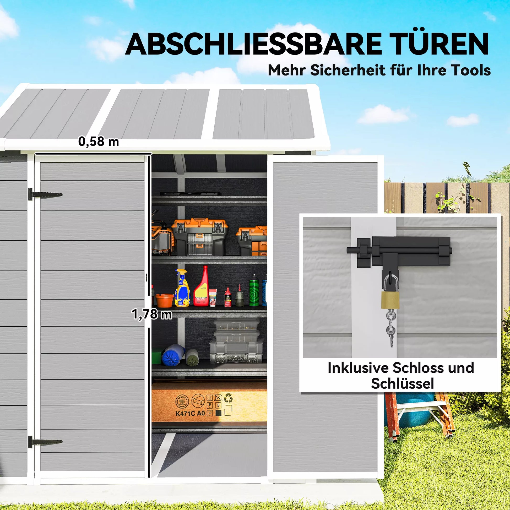 Sodo namelis, sandėliukas su langu, užrakinamos durys, plastikas, pilkas