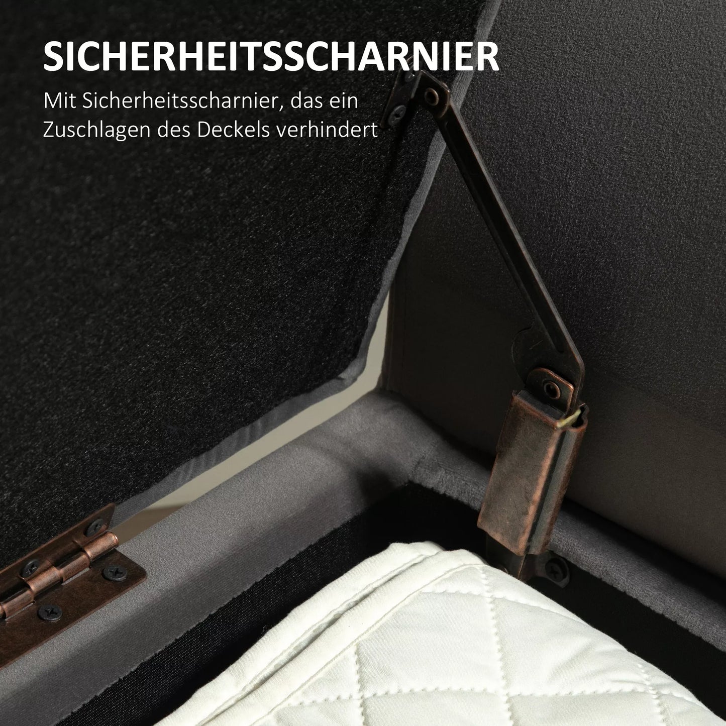 Balda su vieta daiktams, skrynios tipo su atlošais ir porankiais, 46 cm sėdimasis aukštis, švelnus kaip aksomas poliesteris, 111,5 x 41 x 65 cm, tamsiai pilka