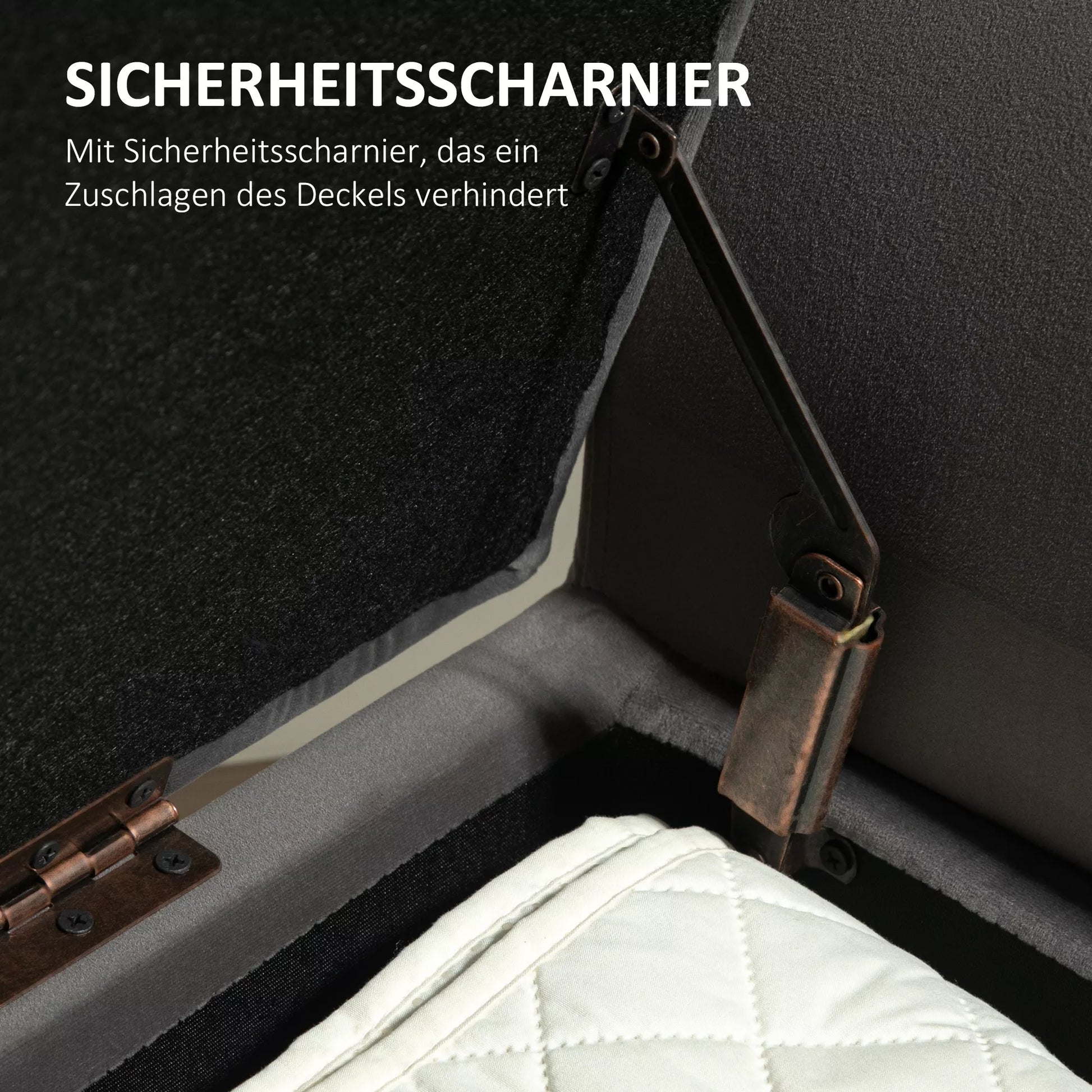 Balda su vieta daiktams, skrynios tipo su atlošais ir porankiais, 46 cm sėdimasis aukštis, švelnus kaip aksomas poliesteris, 111,5 x 41 x 65 cm, tamsiai pilka