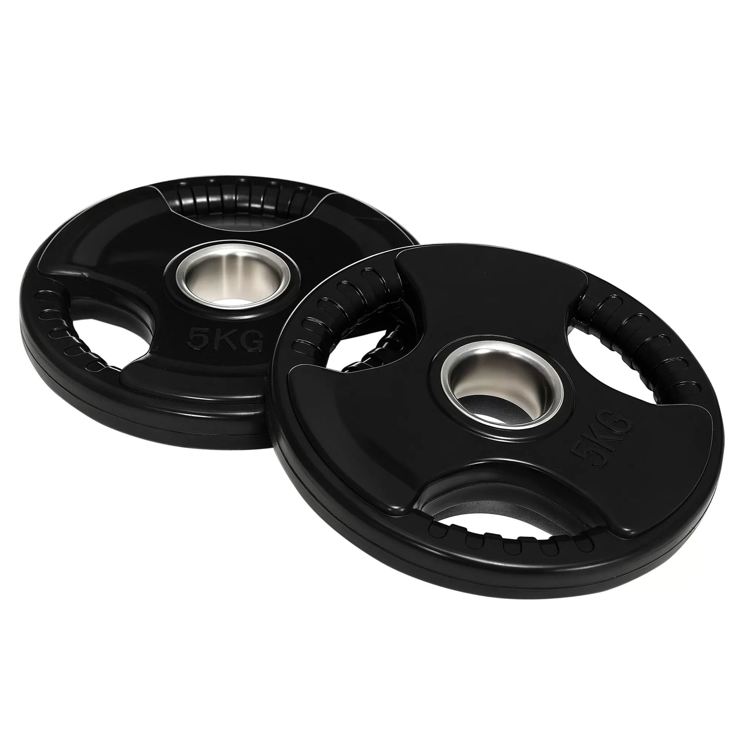 Hantelių diskai, 2 vnt. rinkinys, 5 kg kiekvienas diskas, trys rankenos, grindis tausojantis gumos apvalkalas, metalas