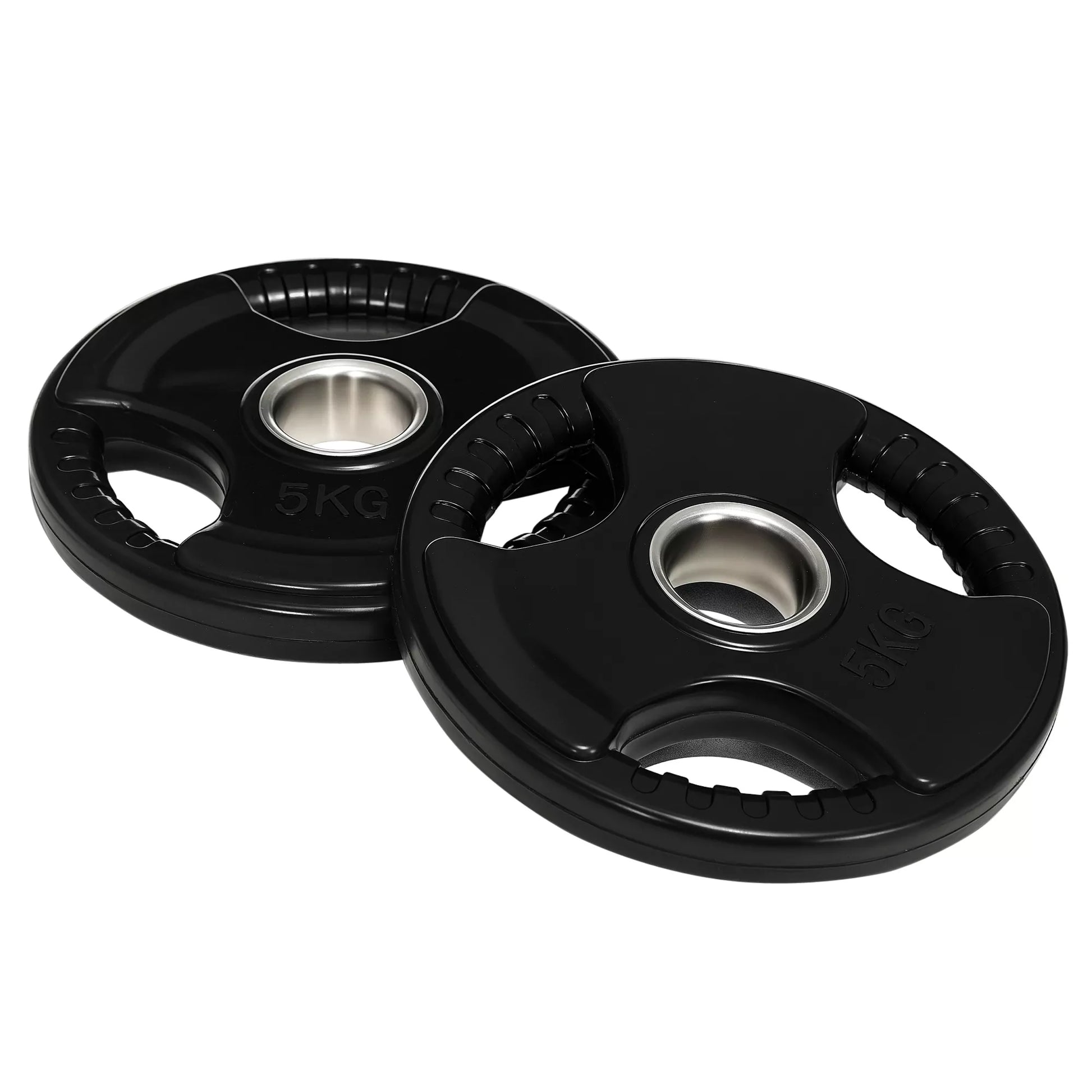 Hantelių diskai, 2 vnt. rinkinys, 5 kg kiekvienas diskas, trys rankenos, grindis tausojantis gumos apvalkalas, metalas