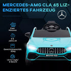 Informacinė grafika apie šviesiai mėlyną Mercedes CLA 45 elektromobilį