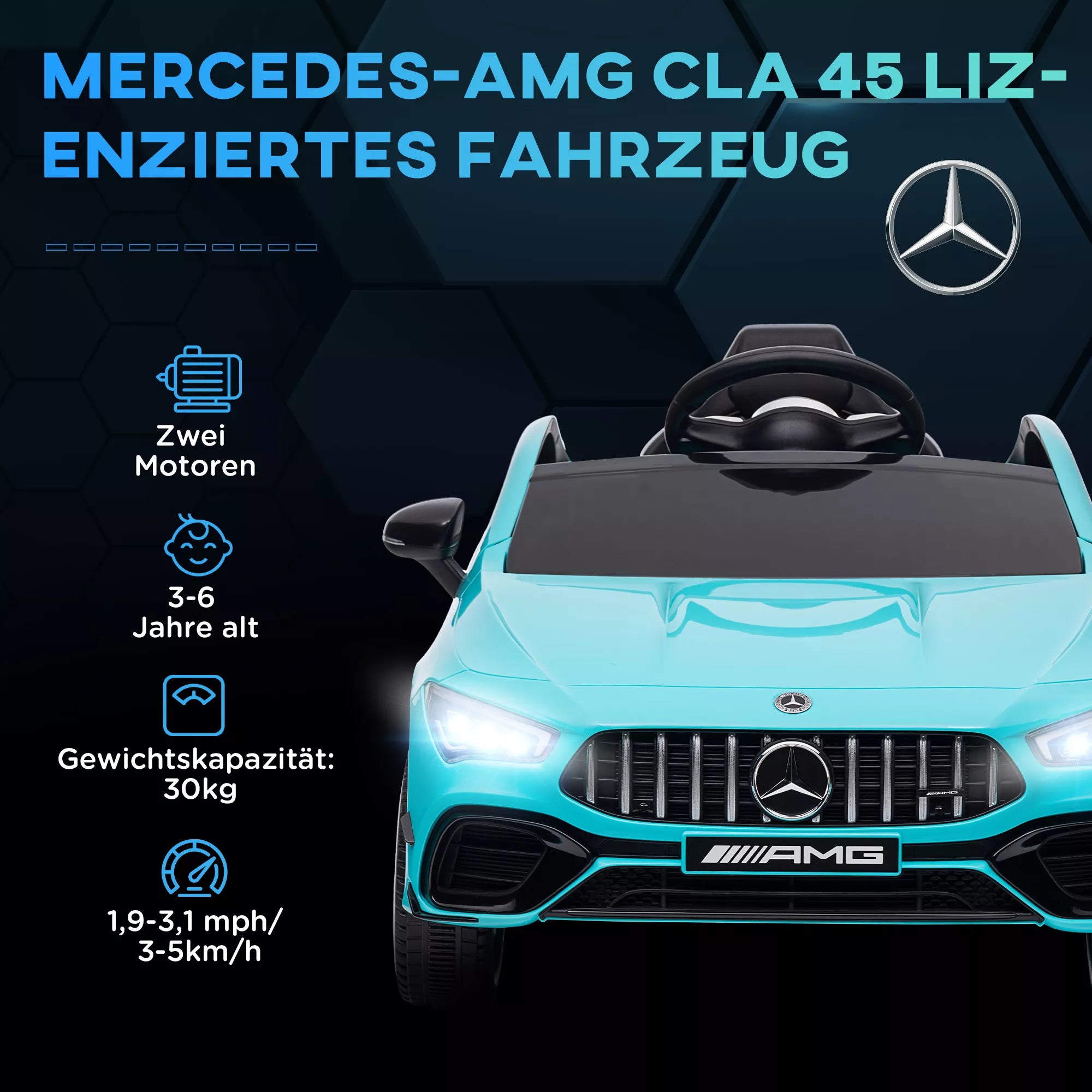 Vaikų elektrinis automobilis, valdomas nuotoliniu būdu, su transportavimo ratukais, LED žibintais, signaline, skirtas 3–6 metų vaikams, šviesiai mėlynos spalvos