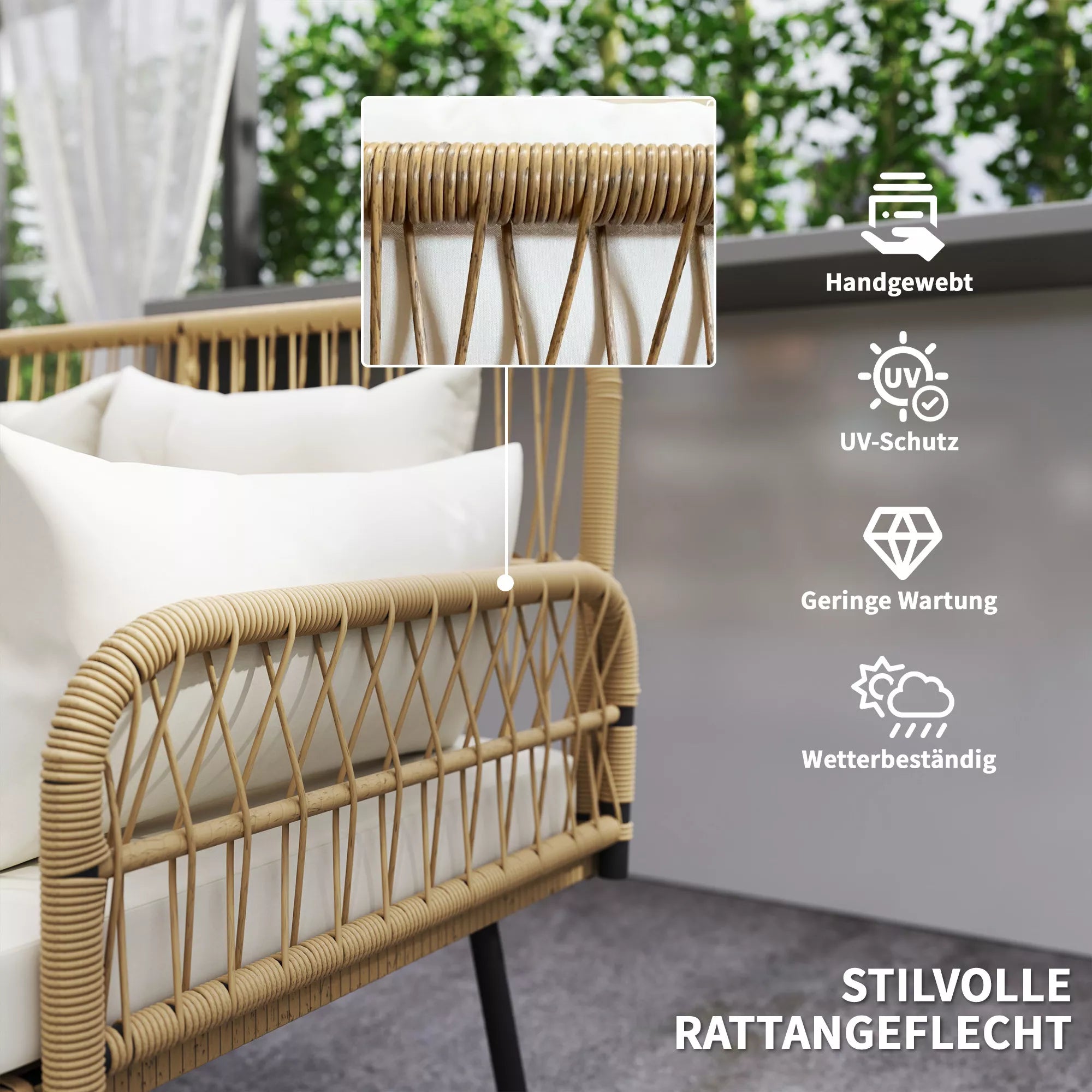 Lauko sofa su pagalvėlėmis, dvivietė sofa balkonui, boho, ratanas ir plienas, 115x61x82 cm, natūralaus medžio spalva,