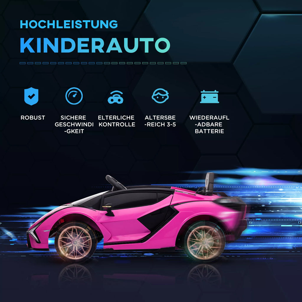 Rožinis vaikų Lamborghini automobilis su savybių piktogramomis