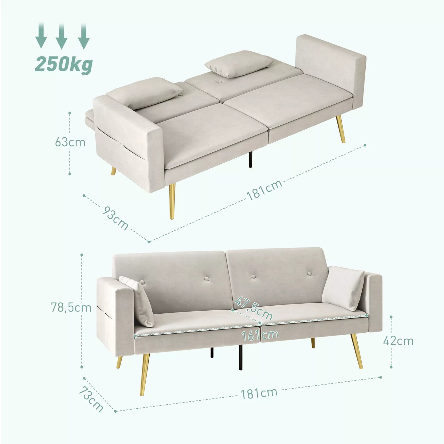2 vietų sofa-lova, reguliuojama atlošas, minkštos pagalvės, aksominis gobelenas, svetainei, svečių kambariui, smėlio spalvos
