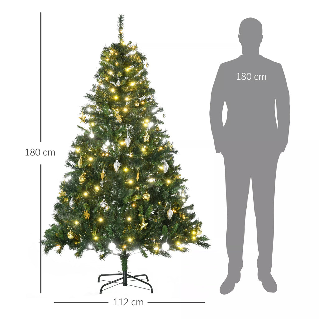 Dirbtinė Kalėdų eglutė 180 cm dirbtinė eglutė su LED apšvietimu, kamuoliukais, Kalėdų eglutė su 745 viršūnėmis, Kalėdų dekoracijos, įskaitant metalinį stovą vidaus patalpoms