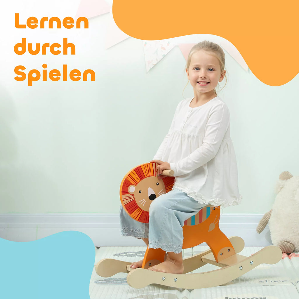 Sūpynės su liūto dizainu, 25 kg apkrova, 2–5 metai, mediena, oranžinės spalvos