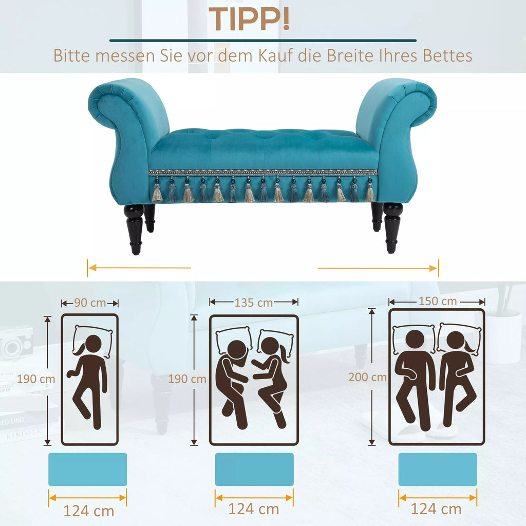 Sėdimoji sofa su aksomo apmušalu, porankiais, mediniu rėmu, batų dėžė miegamajam, svetainei, prieškambariui 117 x 40 x 58 cm Mėlyna