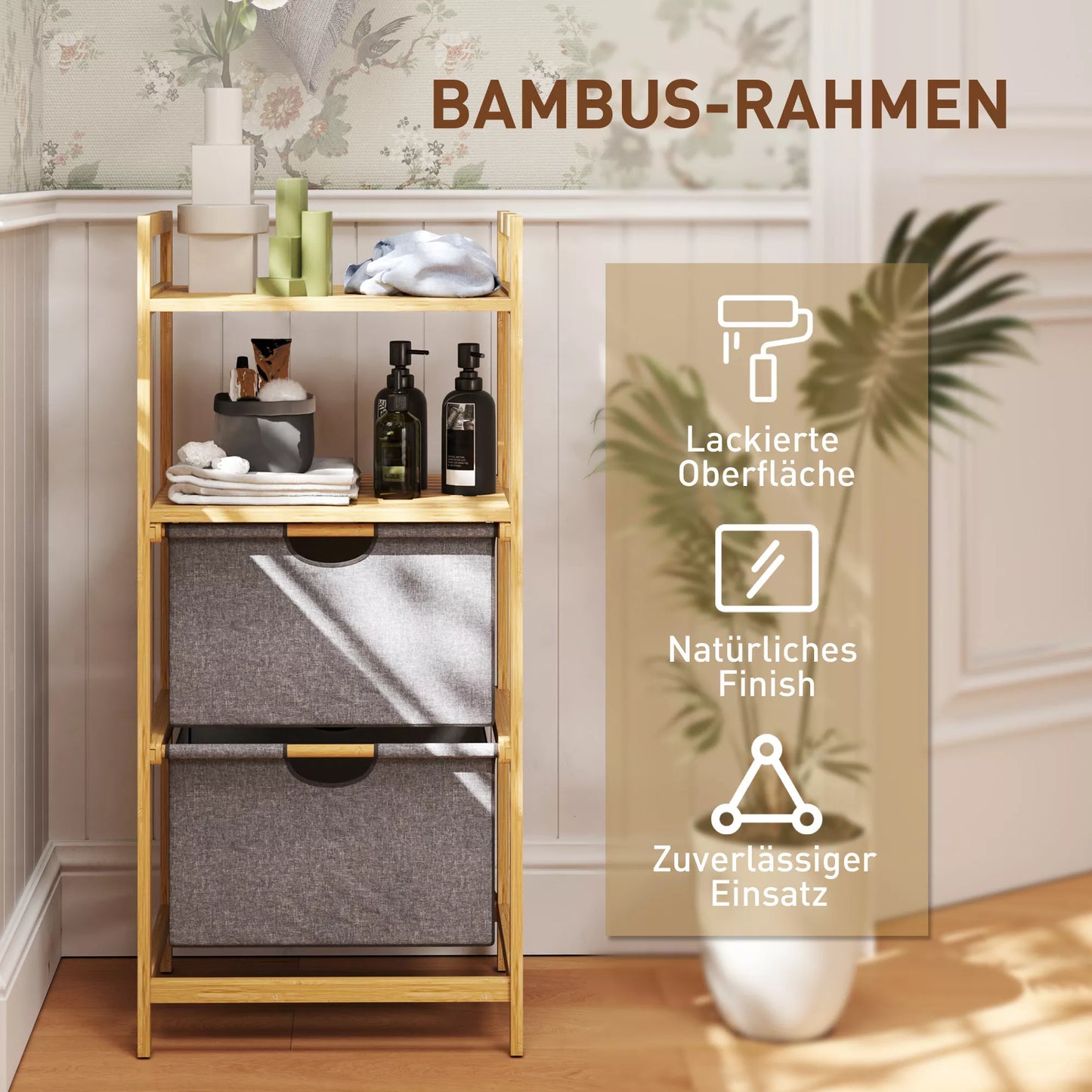 Bambukinis skalbinių stovas su 2 audinių krepšiais, atviromis lentynomis, vietą taupantis, natūralaus medžio