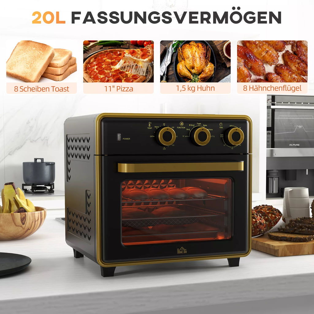 Mini orkaitė, 20 litrų, kepimas be aliejaus, griliavimas, kepimas, oro cirkuliacija, 90–230 °C, laikmatis, 1400 W, juoda + auksinė