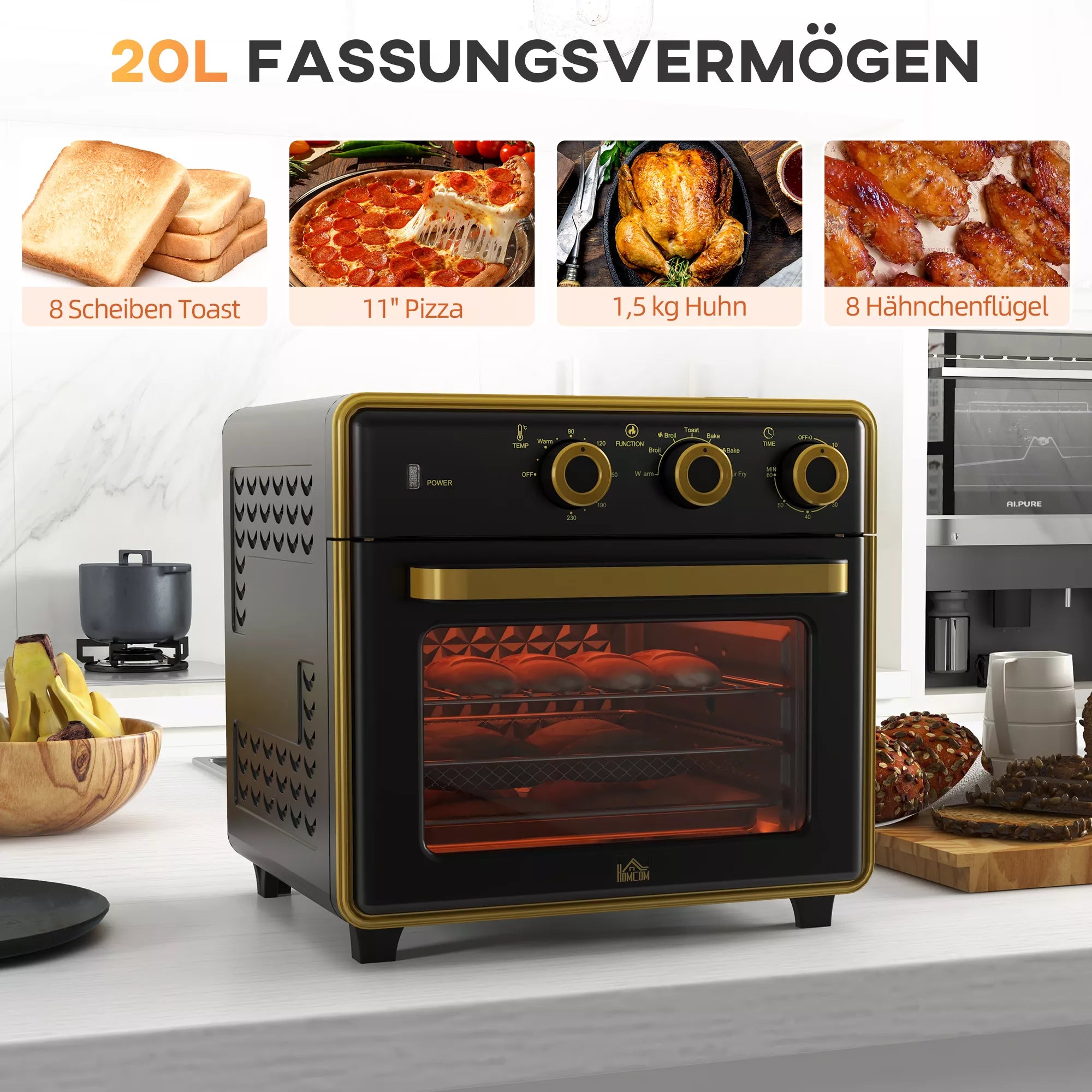 Mini orkaitė, 20 litrų, kepimas be aliejaus, griliavimas, kepimas, oro cirkuliacija, 90–230 °C, laikmatis, 1400 W, juoda + auksinė