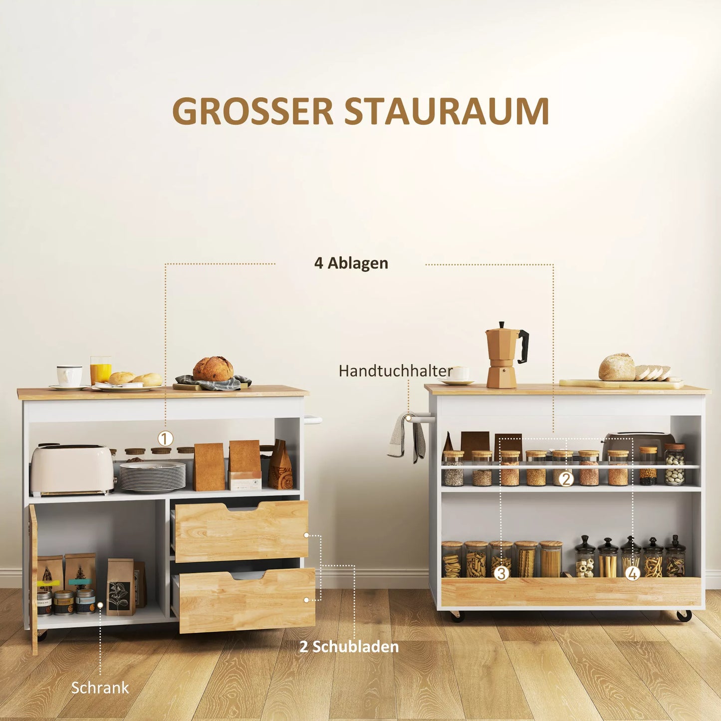 Virtuvės vežimėlis, Riedanti virtuvės sala, Virtuvės vežimėlis su skyreliais, spintelė ir stalviršis, Balta