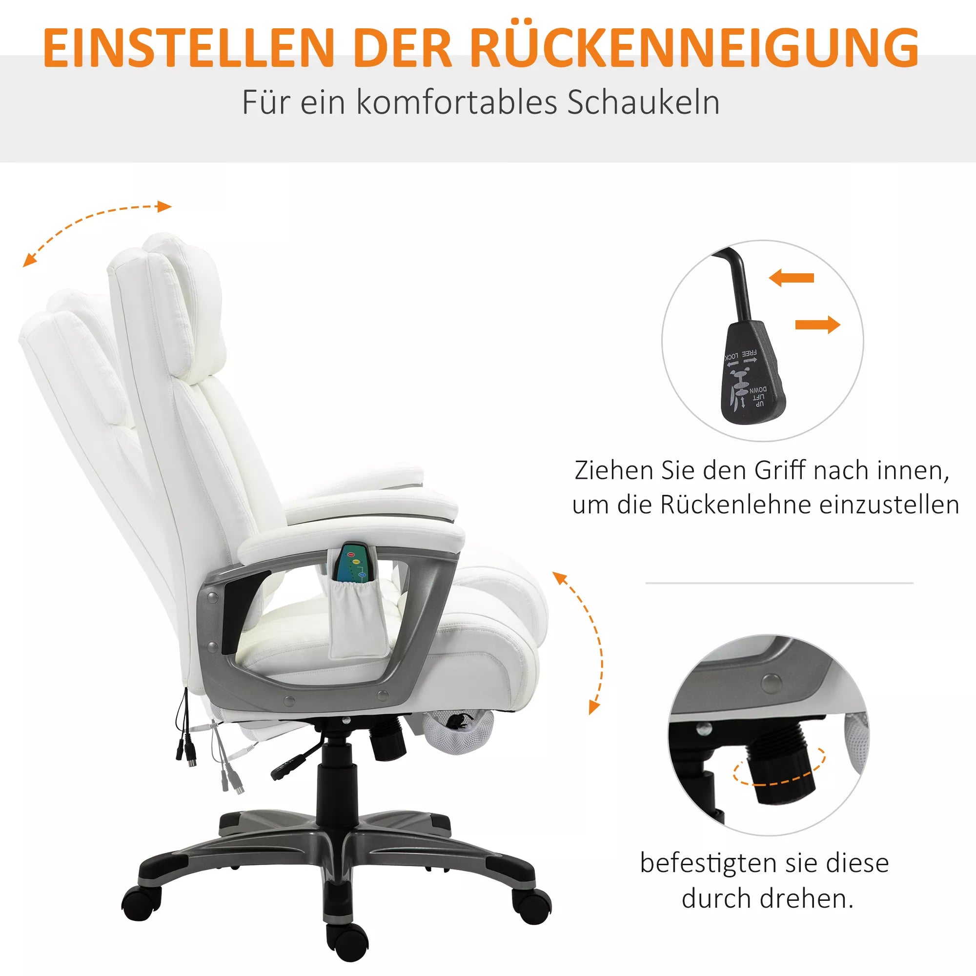 Masažinė biuro kėdė, 6 taškų masažinis pasukamas krėslas, ergonomiška, reguliuojama, dirbtinės odos, su lenkta galvos atrama ir porankiu, balta 70 x 76,5 x 114-124 cm
