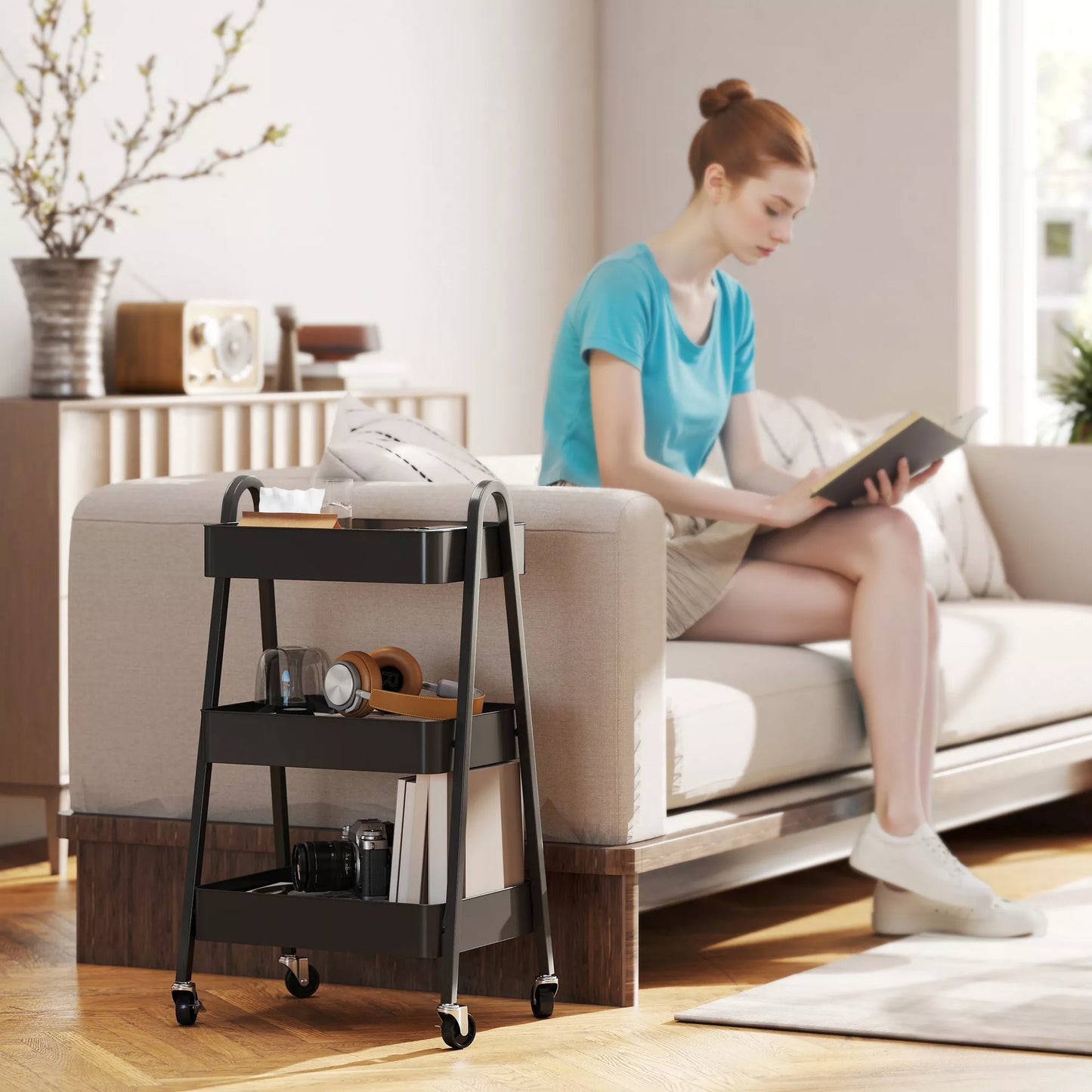 3 lygių serviravimo vežimėlis, virtuvės vežimėlis su ratukais, rankena, riedantis vežimėlis su stabdžiu virtuvei, biurui, vonios kambariui, juodas