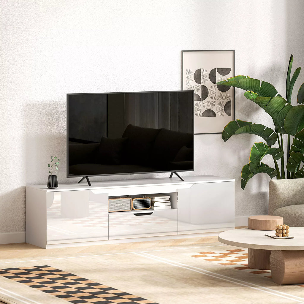 TV spintelė, blizgi, skirta televizoriams iki 65 colių, 3 skyriai, stalčius, 160 x 38 x 43 cm, balta