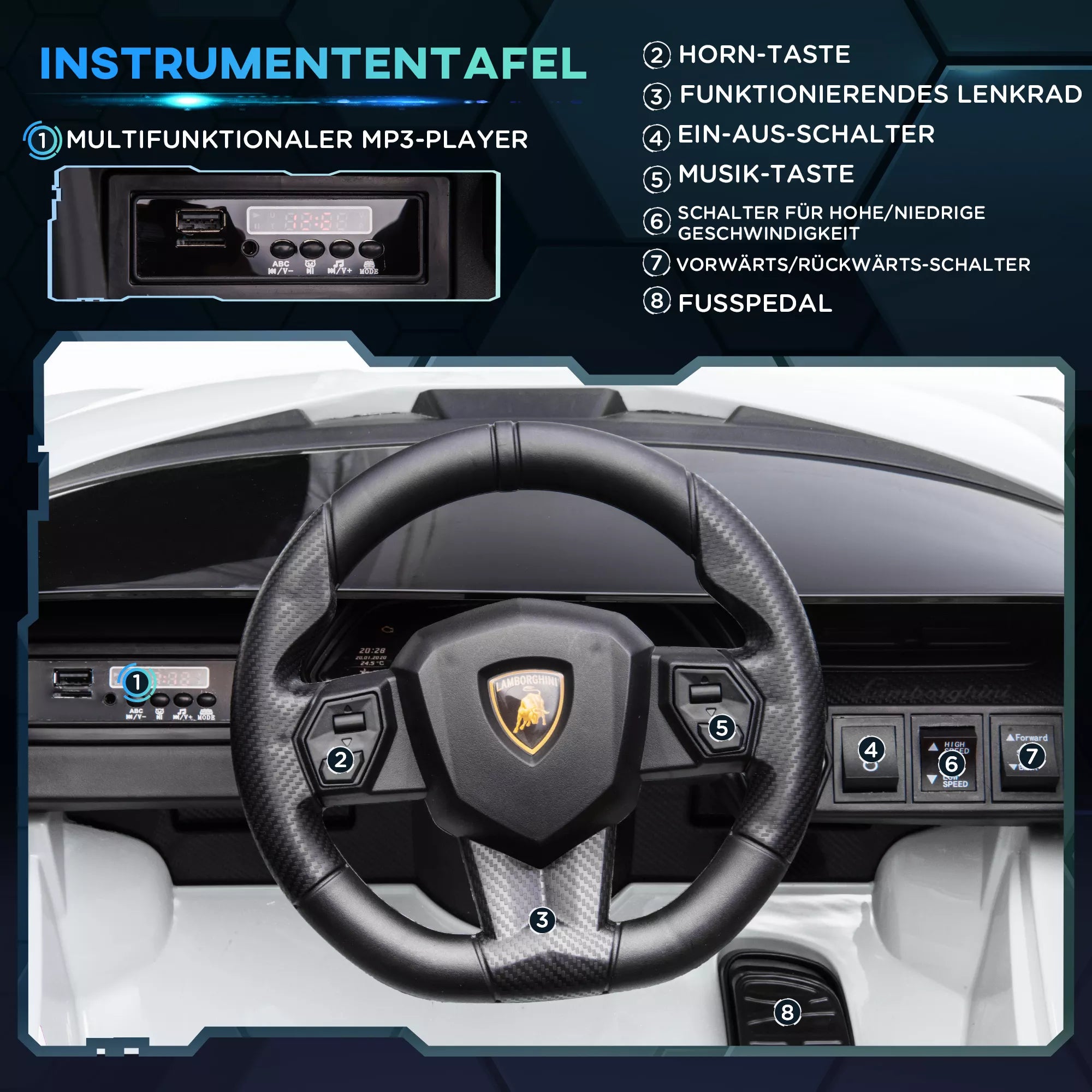 Vaikų transporto priemonė 12 V 2 važiavimo režimai Lamborghini SIAN SUV automobilis-žaislas Elektrinis automobilis su nuotolinio valdymo pultu Muzika (MP3/USB) Apšvietimas 37–60 mėnesių Metalas Balta 108 x 62 x 40 cm