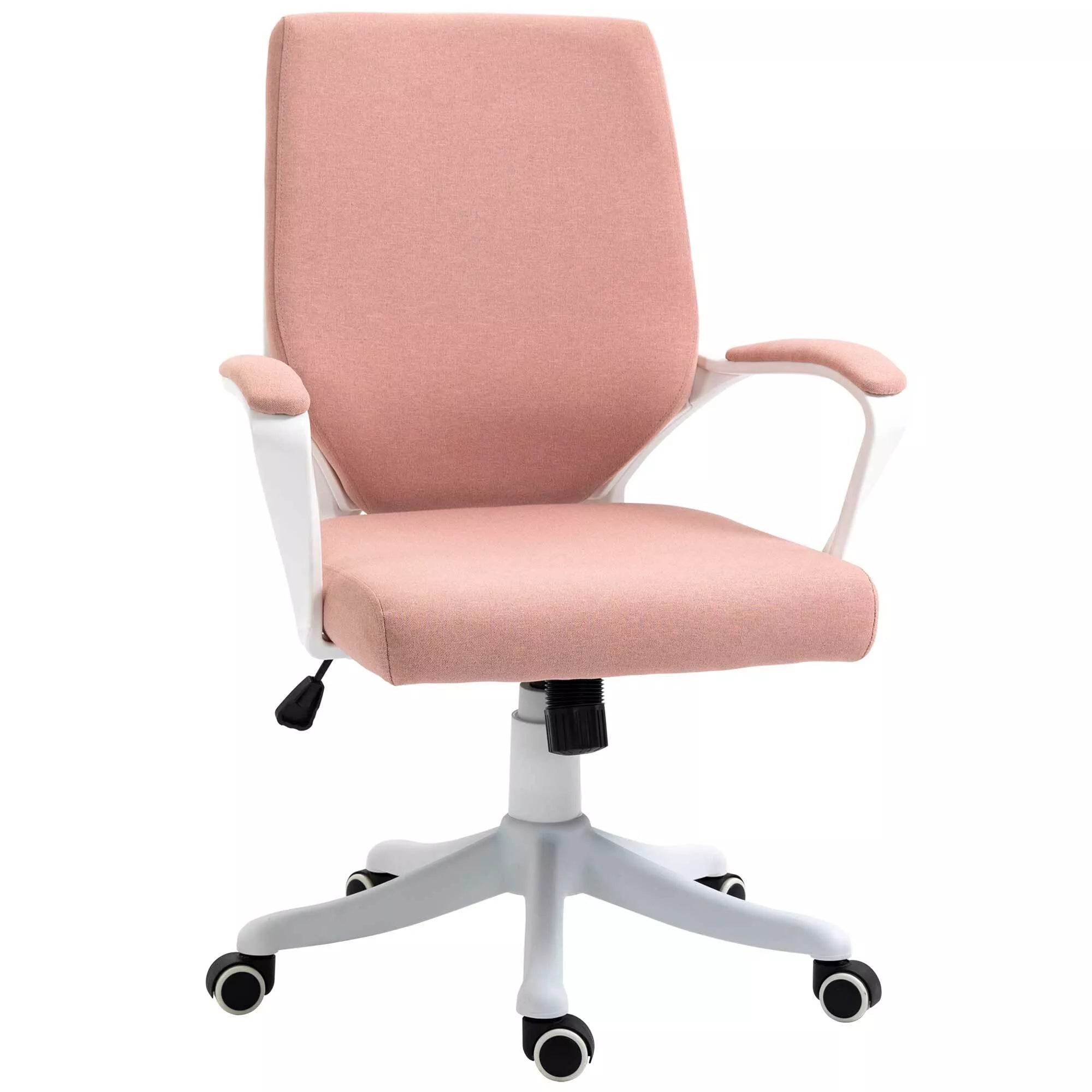 Biuro kėdė, darbo kėdė, namų biuro kėdė su supimo funkcija, reguliuojamo aukščio atlošas, storai paminkštinta, ergonomiška, 360° besisukantys ratukai, poliesteris, nailonas, PP, rožinė+balta, 62x69x92-100 cm
