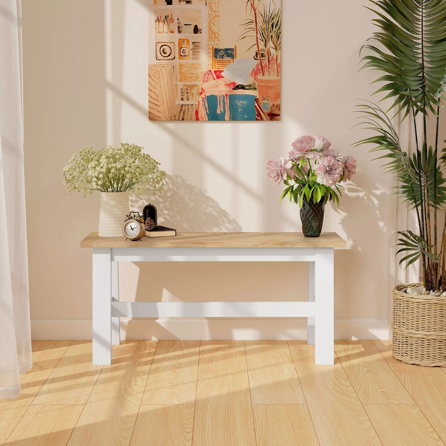 Suolas 2 vietoms, medinis suolas ąžuolo išvaizdos, su stabilizuojančia skersine atrama, skirtas svetainei, valgomajam, koridoriui, pagamintas iš kaučiukmedžio, baltos spalvos