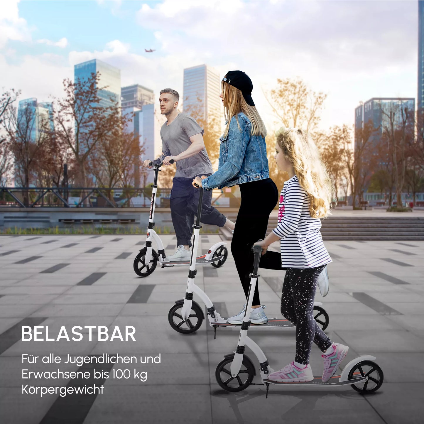 Paspirtukas, paspirtukas su amortizacija, sulankstomas ir reguliuojamo aukščio, nuo 14 metų, aliuminis, baltas, 92,5 x 37,5 x 82-97 cm