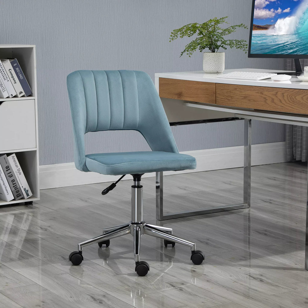 Rašomojo stalo kėdė, reguliuojamo aukščio, namų biuro kėdė be porankių, sukiojama biuro kėdė su aksomo apdaila, ergonomiška makiažo kėdė miegamajam, darbo kambariui, mėlyna