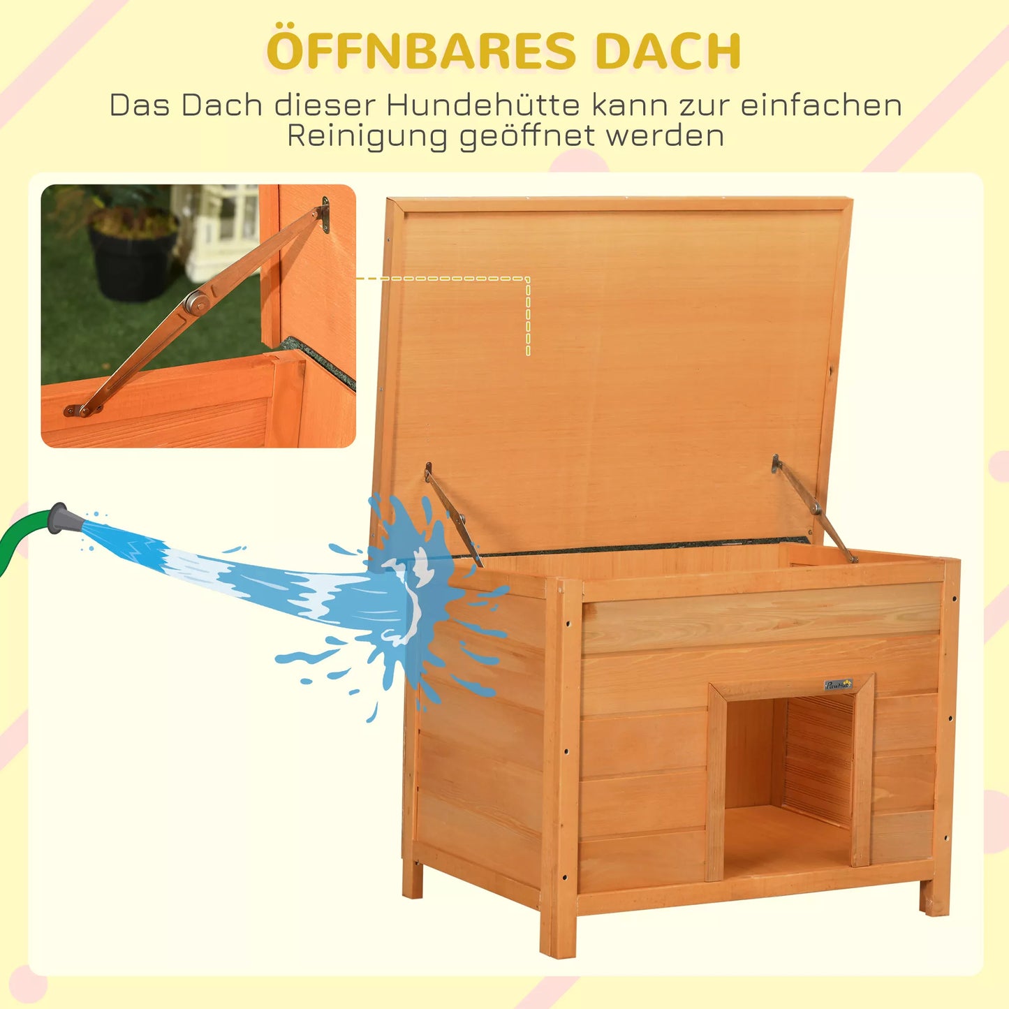 PawHut Lauko namelis šunims, medinis šunų namas su atverčiamu asfaltiniu stogu, nepralaidus vandeniui šunų guolis su paaukštintu dugnu, mažų šunų namelis, geltonas, 82 x 58 x 58 cm