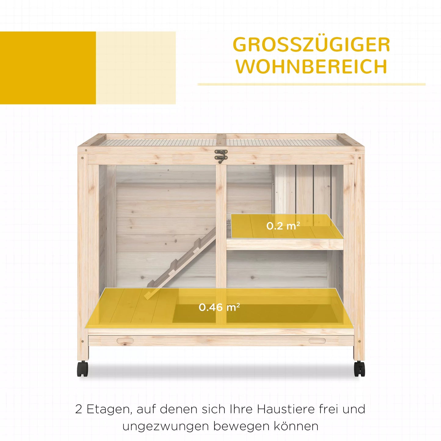 PawHut 2 aukštų voljeras smulkiems gyvūnams, 4 ratukai, sandarus pušies medienos natūralus