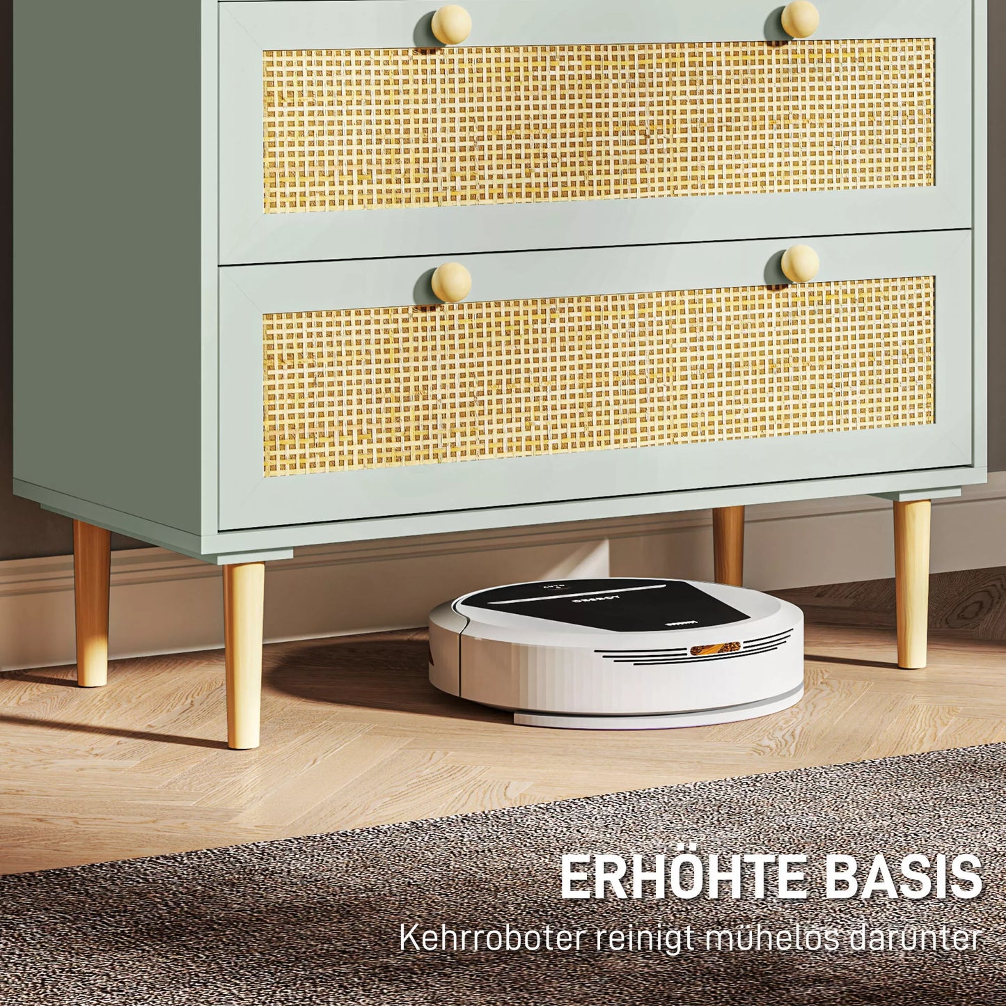 HOMCOM Komoda miegamajam su 3 stalčiais, rotango fasadais, drabužių komoda koridoriui, prieškambariui, MDF, žalia