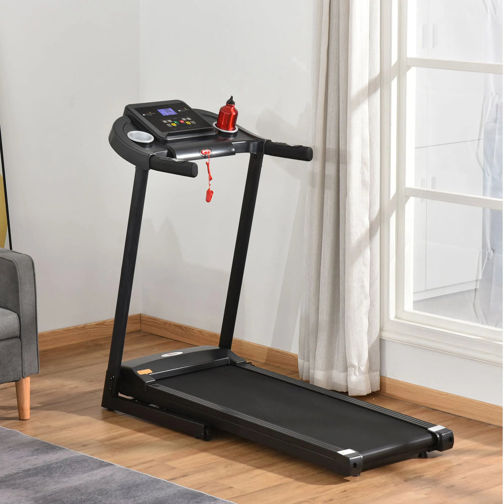 Sulankstomas elektrinis bėgimo takelis, 500 W, 1–12 km/h, LED ekranas, puodelio laikiklis ir telefono laikiklis, puikiai tinka namų sporto salei, vidaus treniruotėms, juodos spalvos, 134 x 60 x 118 cm