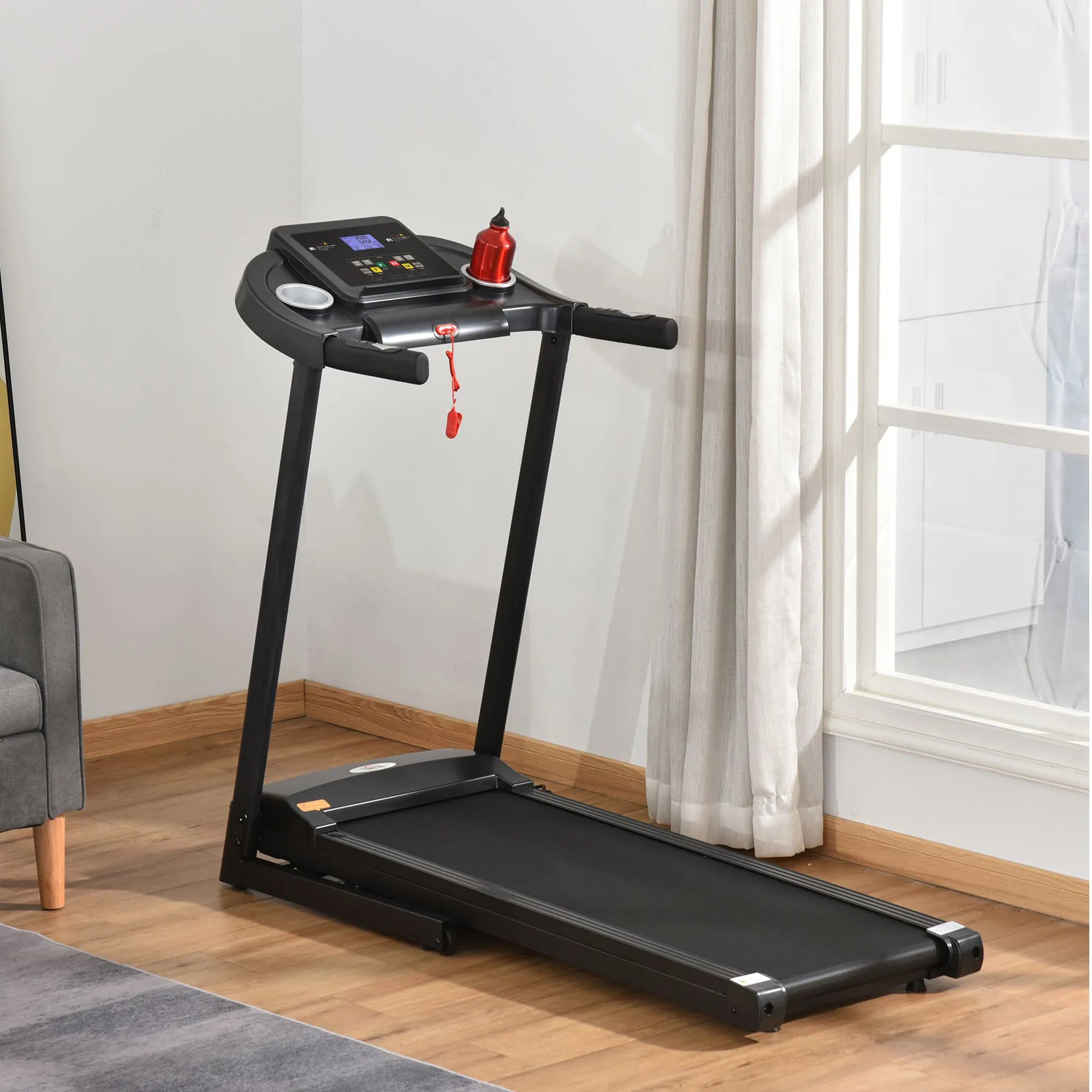 Sulankstomas elektrinis bėgimo takelis, 500 W, 1–12 km/h, LED ekranas, puodelio laikiklis ir telefono laikiklis, puikiai tinka namų sporto salei, vidaus treniruotėms, juodos spalvos, 134 x 60 x 118 cm