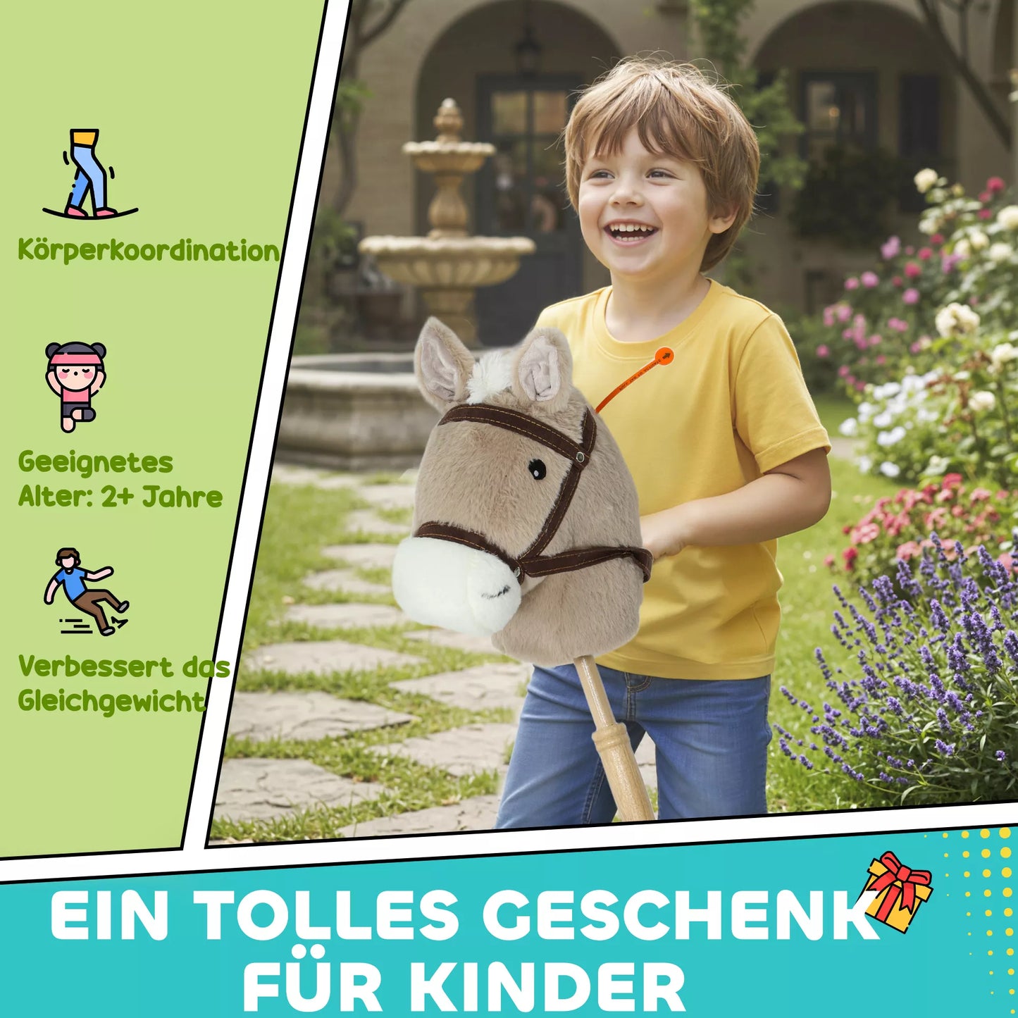 Arkliukas ant pagaliuko vaikams, su garsu, ratukais, žaidimų arkliukas jodinėjimui, skirtas vaikams nuo 24 mėnesių, pilkos spalvos