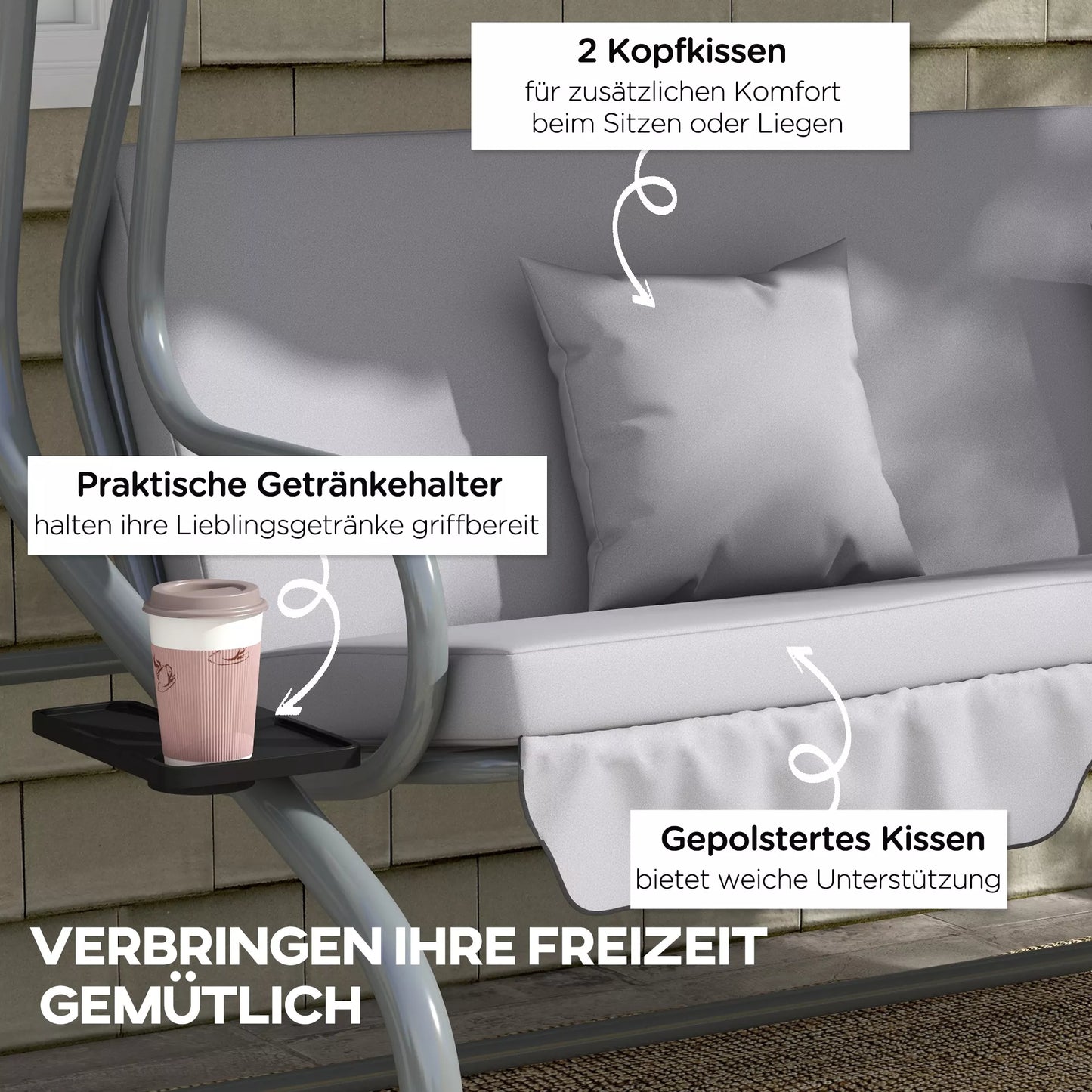 2in1 Holivudinis suolas su gulėjimo funkcija, reguliuojamas stogas, iki 340 kg, plienas, 200x120x164 cm, pilkas