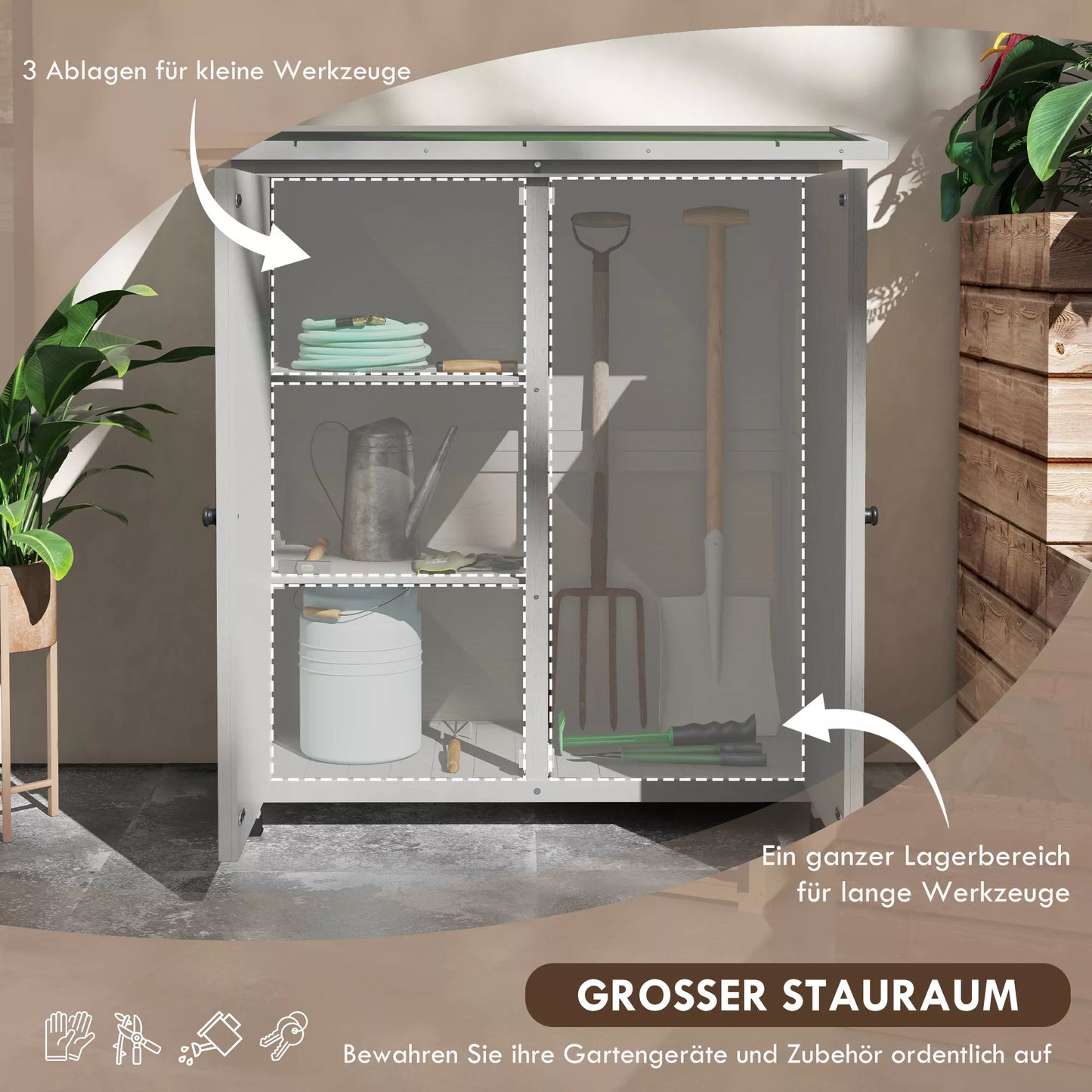 Medinė įrankių spintelė su 2 durelėmis, pastogė įrankiams su bitumine danga, 110 x 55 x 117 cm, šviesiai pilka