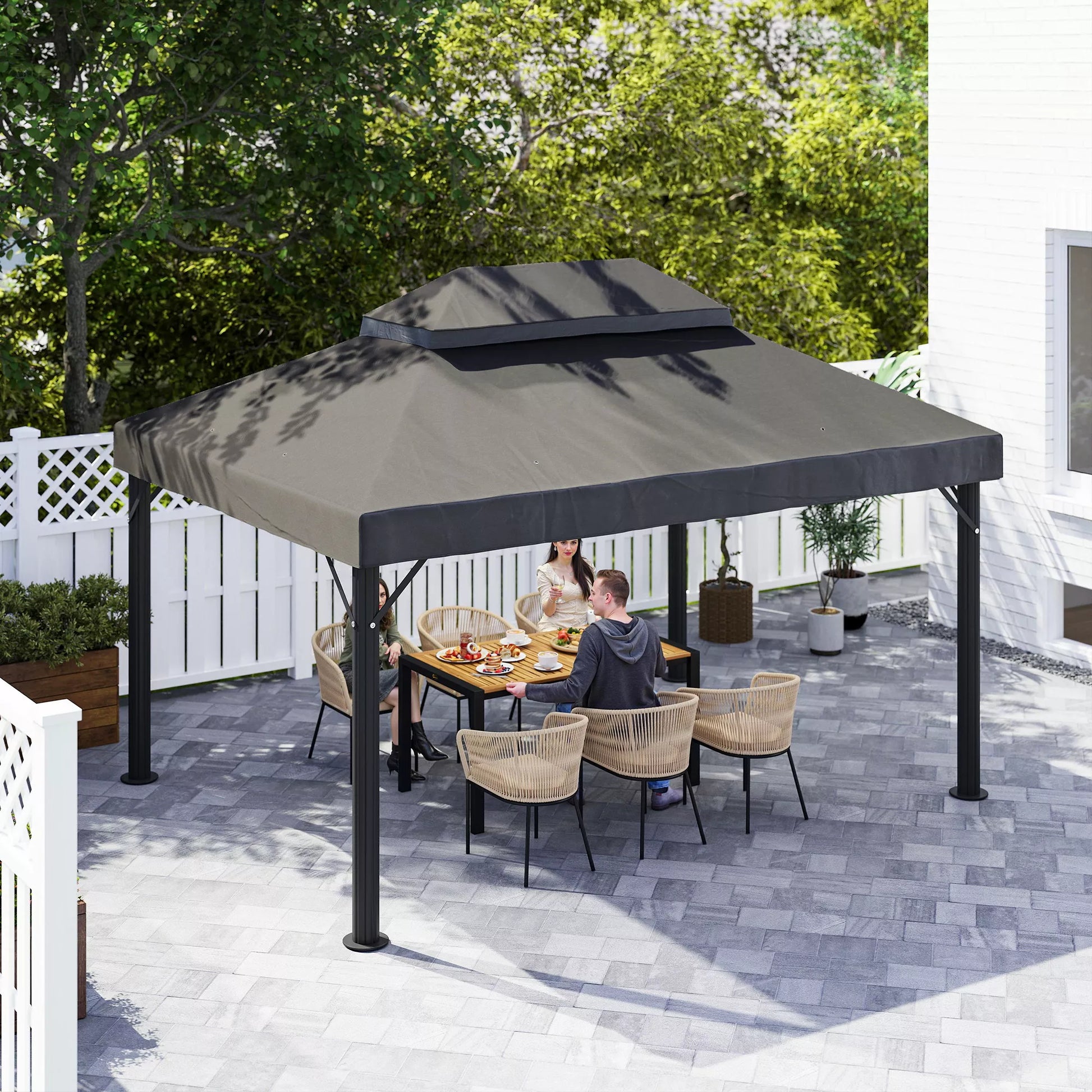 Pavilion pakaitinis stogas, 3 x 4 m, pakaitinis tentas su vandens nutekėjimo angomis, poliesteris, apsauga nuo saulės, UPF30+, tamsiai pilkos spalvos
